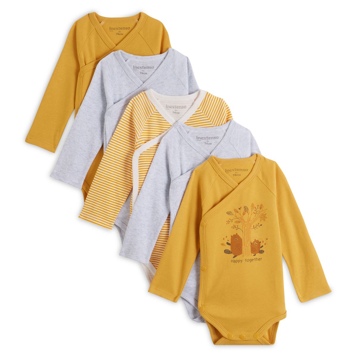 INEXTENSO Lot de 5 bodies manches longues castor bébé garçon