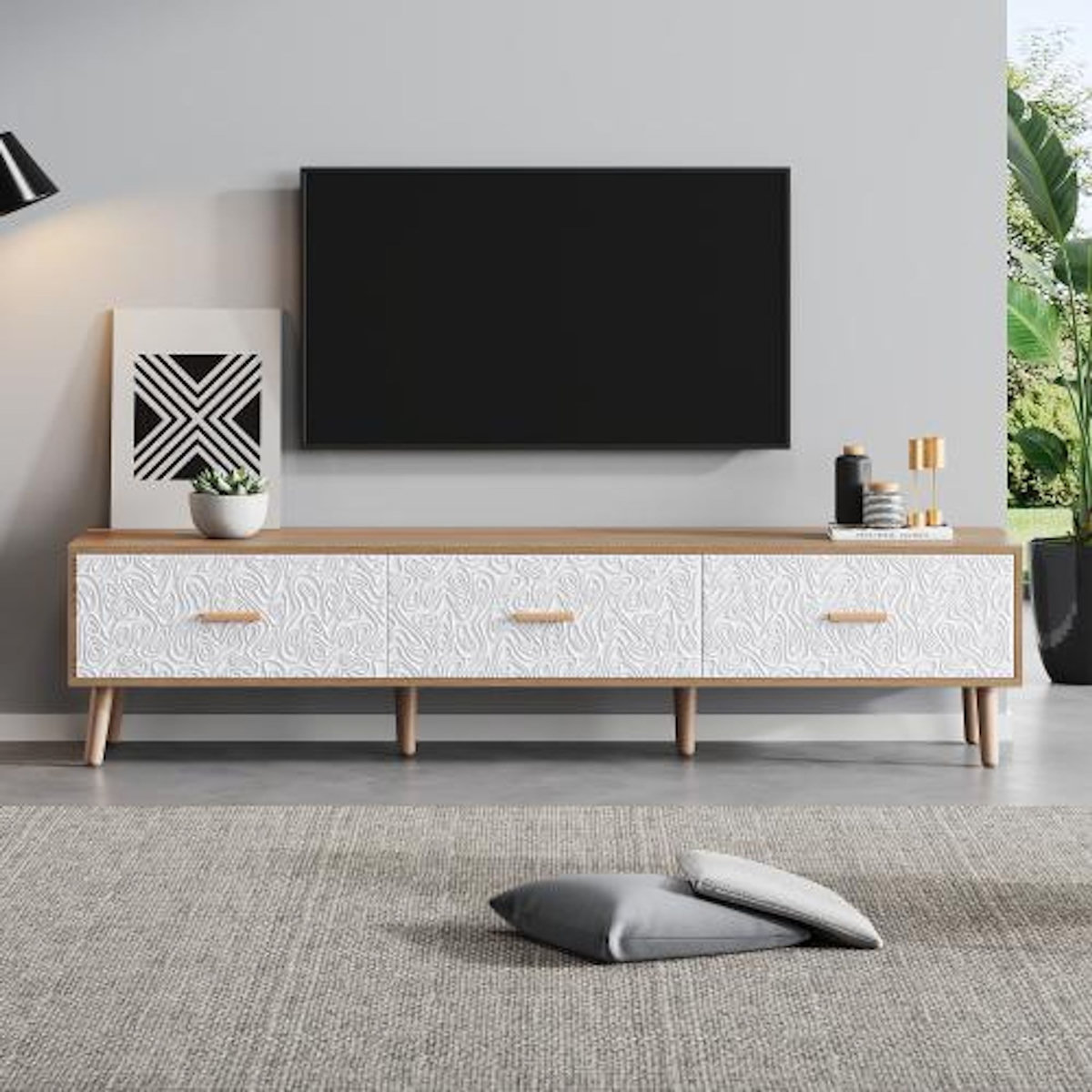 MERAX Meuble tv naturel+blanc 150 cm panneau de particules
