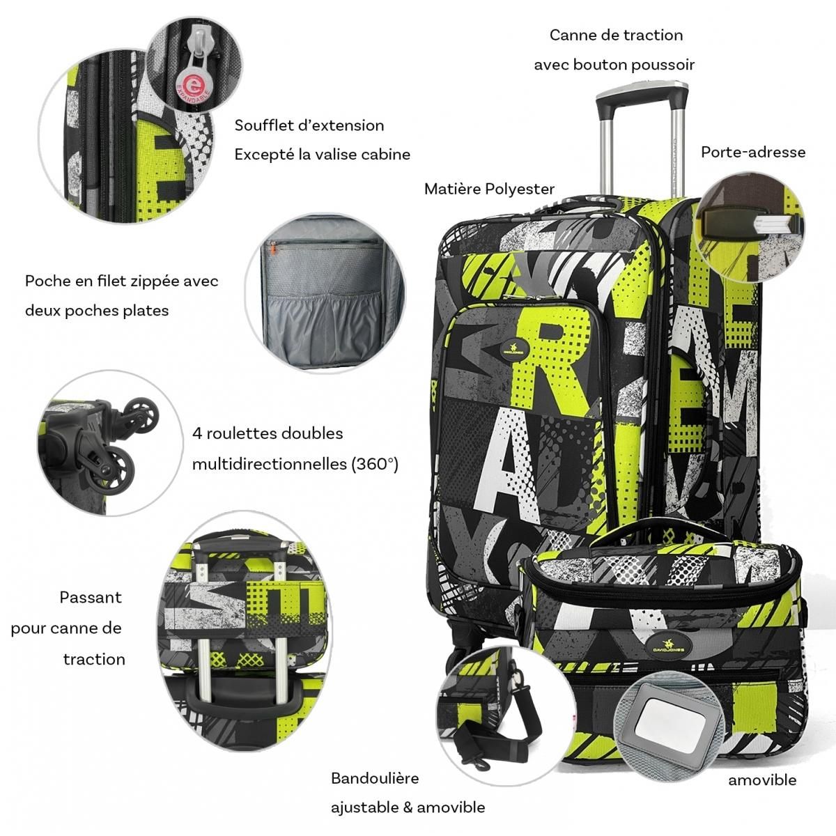 David Jones Lot de 3 valises souples plus 1 vanity