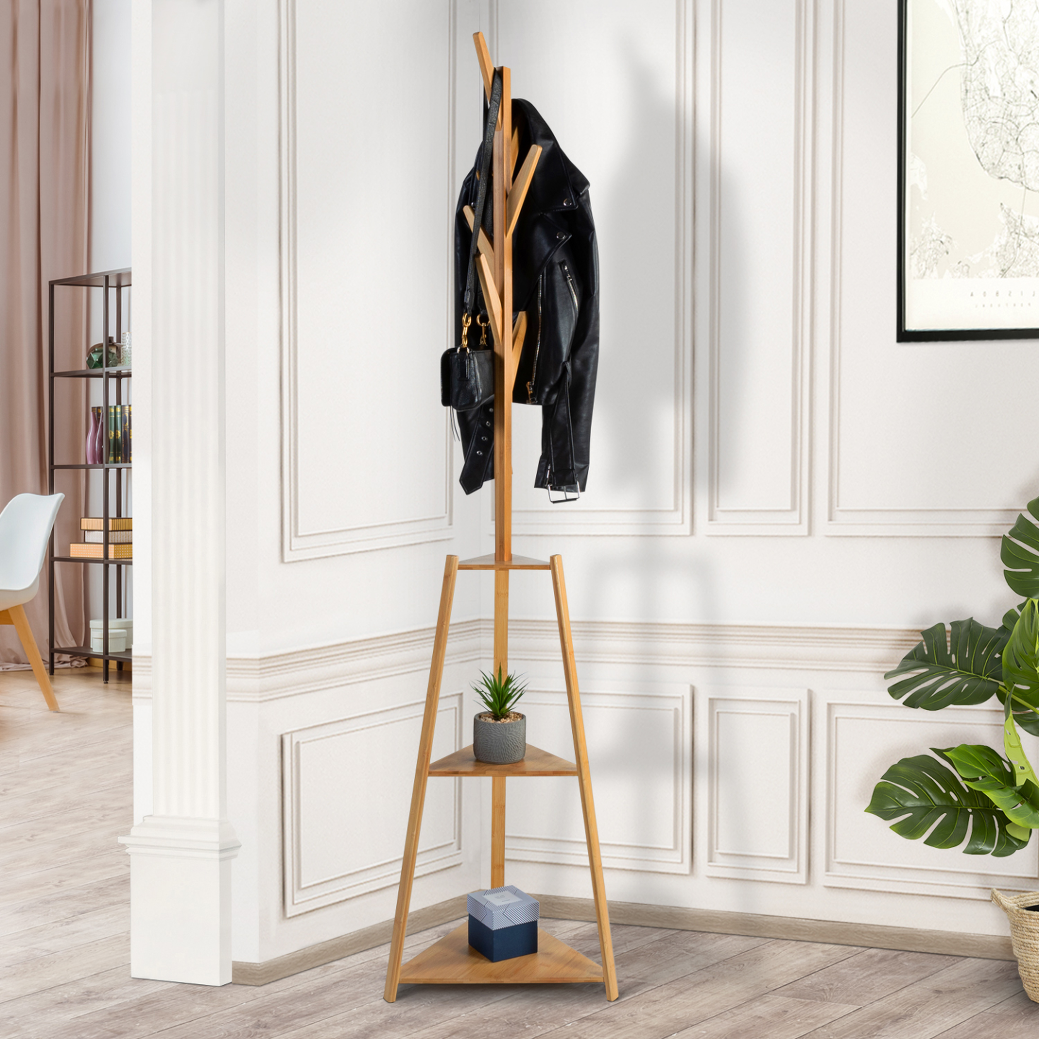 Voir la diapositive 2 : ID MARKET Porte-manteau bambou LANA avec étagères d'angle