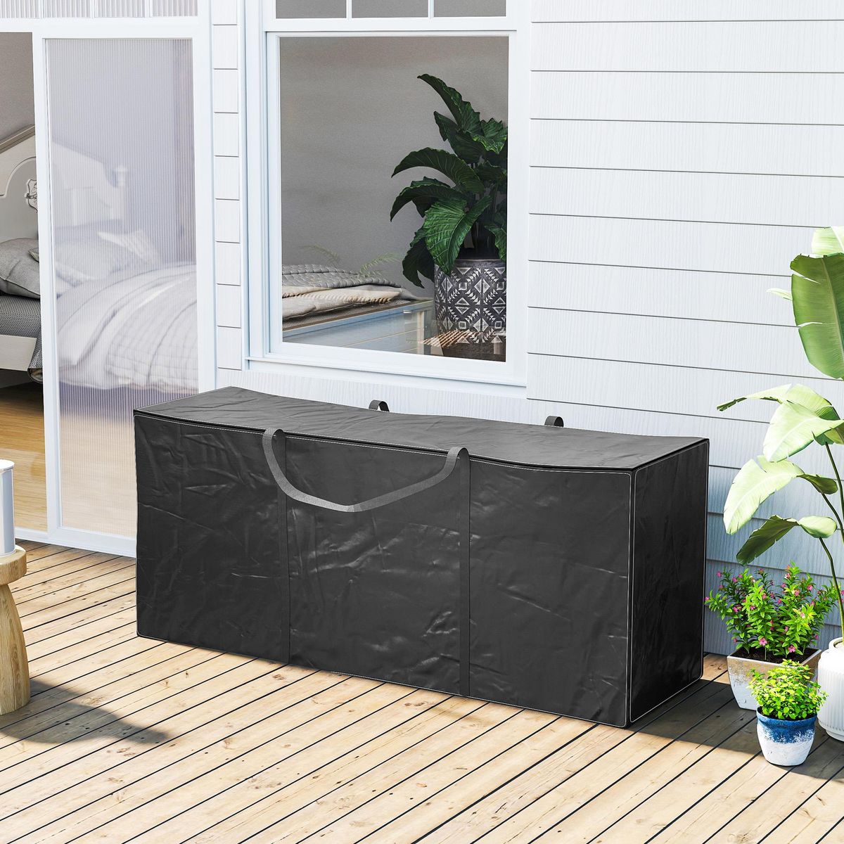 OUTSUNNY Sac de rangement étanche pour coussins d'extérieur housse impreméable pour coussins de jardin avec poignées noir