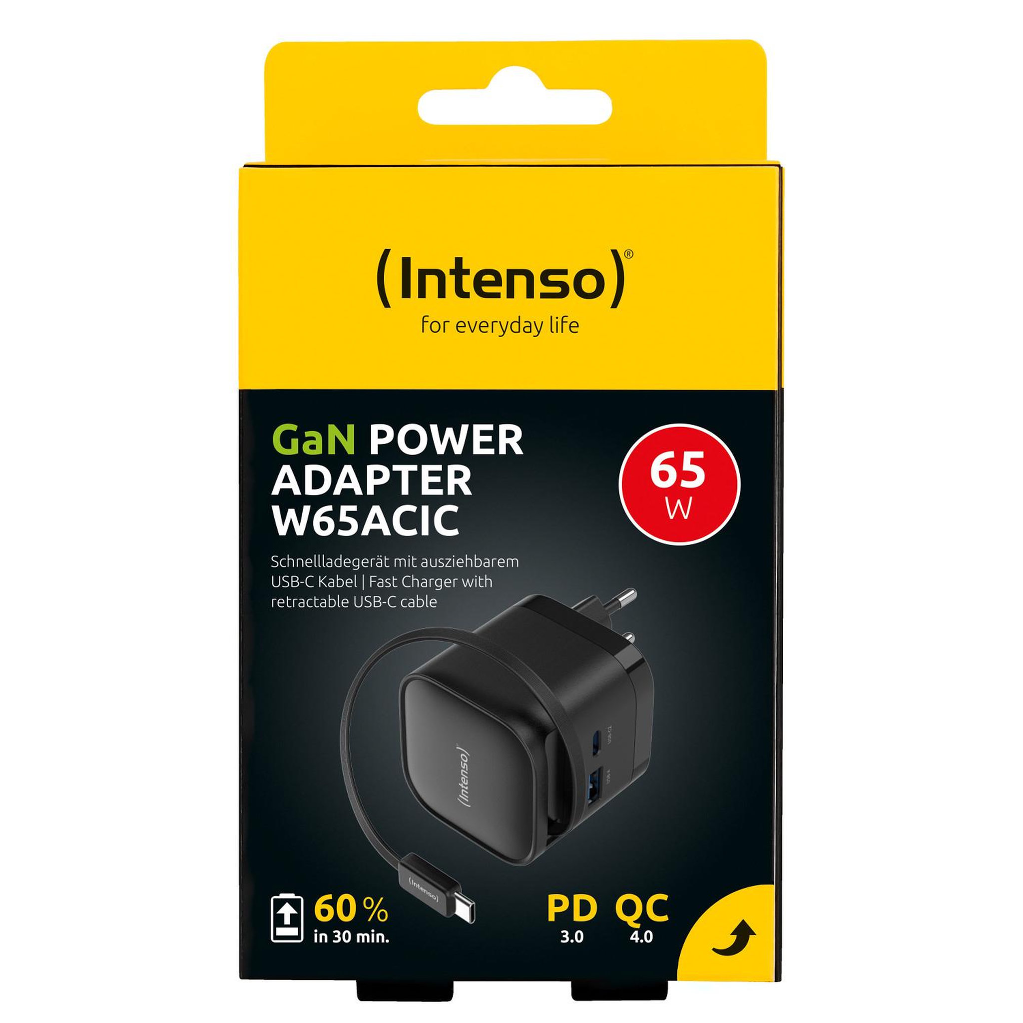 Voir la diapositive 3 : Intenso Chargeur secteur 65W cable USB-C + port USB-C/USB-A Noir