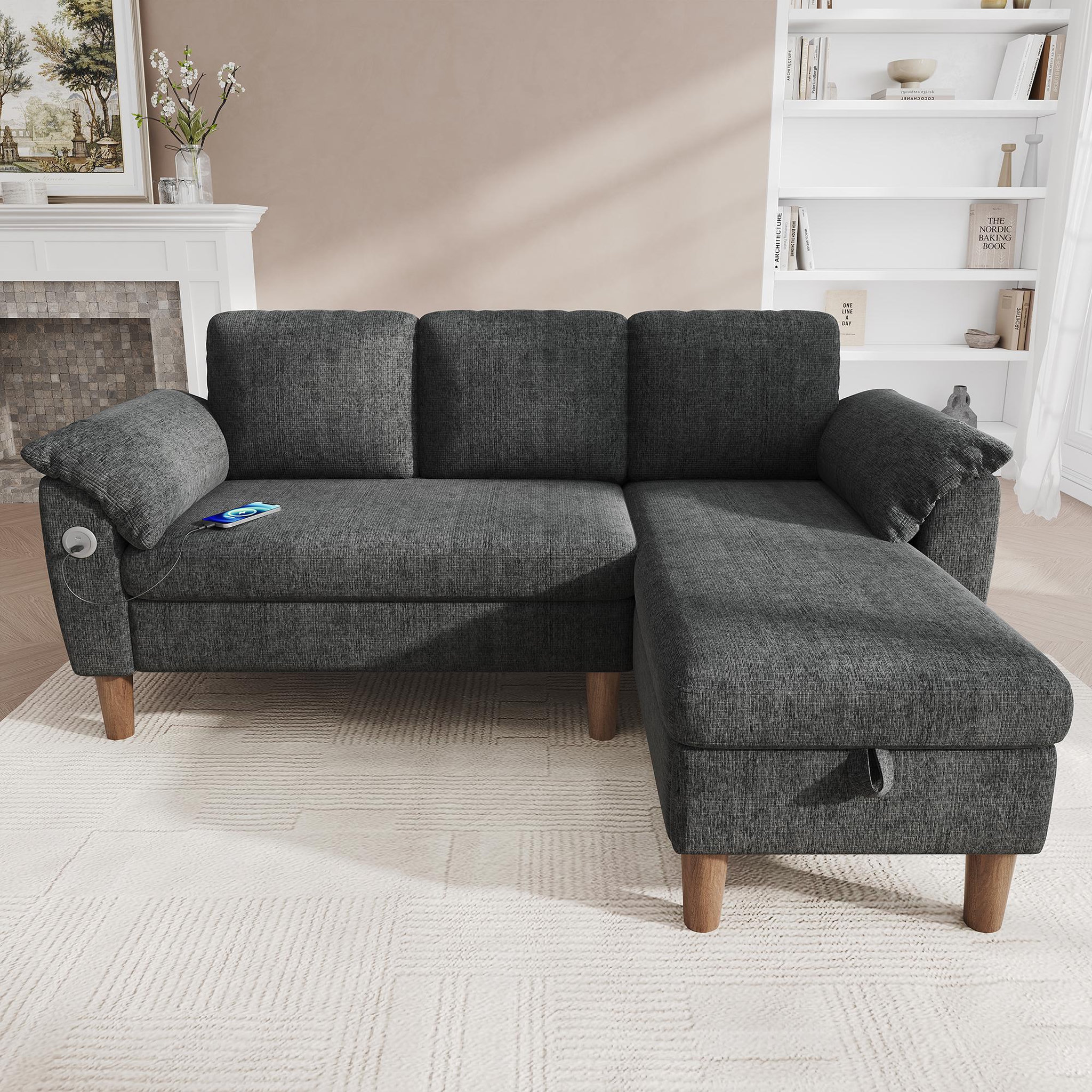 Voir la diapositive 4 : MERAX Canapé d'angle 3 places avec méridienne coffre tissu chenille usb type-c