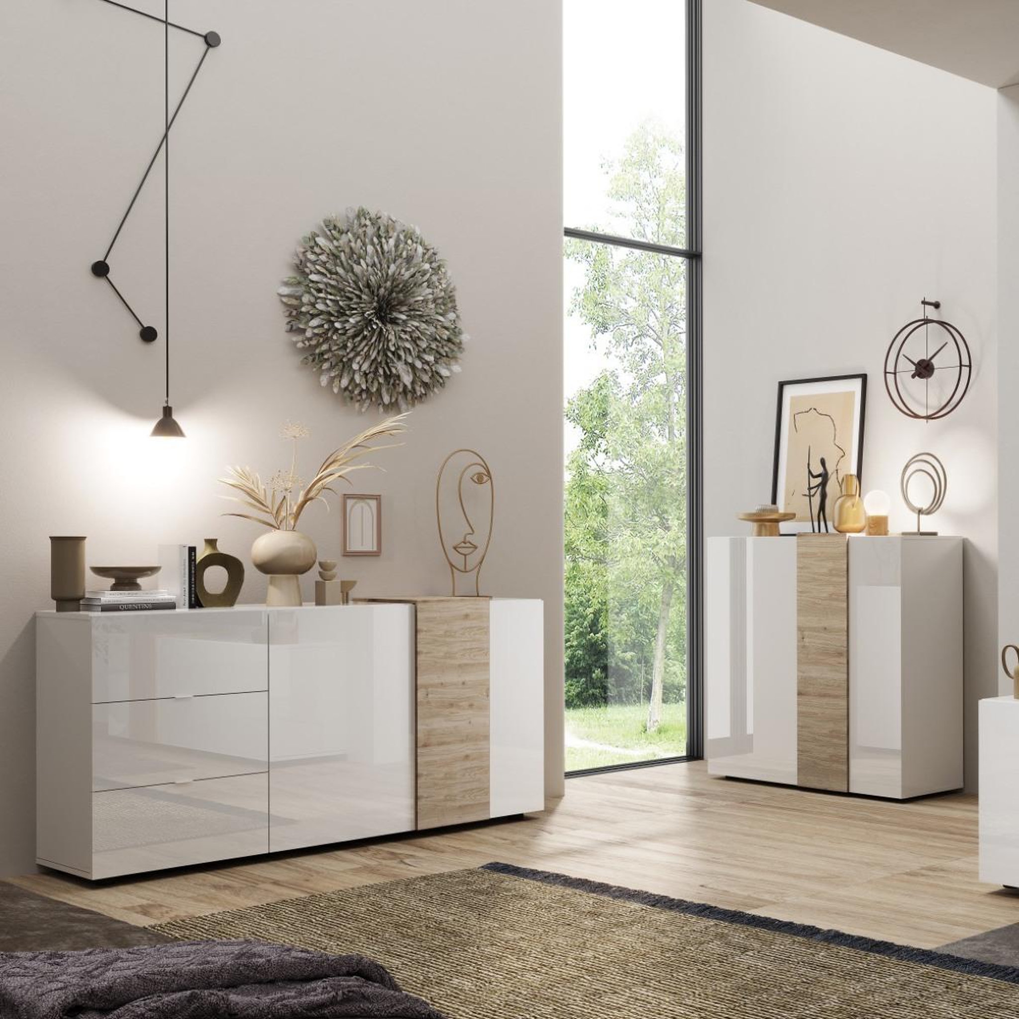 Voir la diapositive 4 : JLC KREATION Buffet bas moderne blanc et bois 2 portes-3 tiroirs SIA