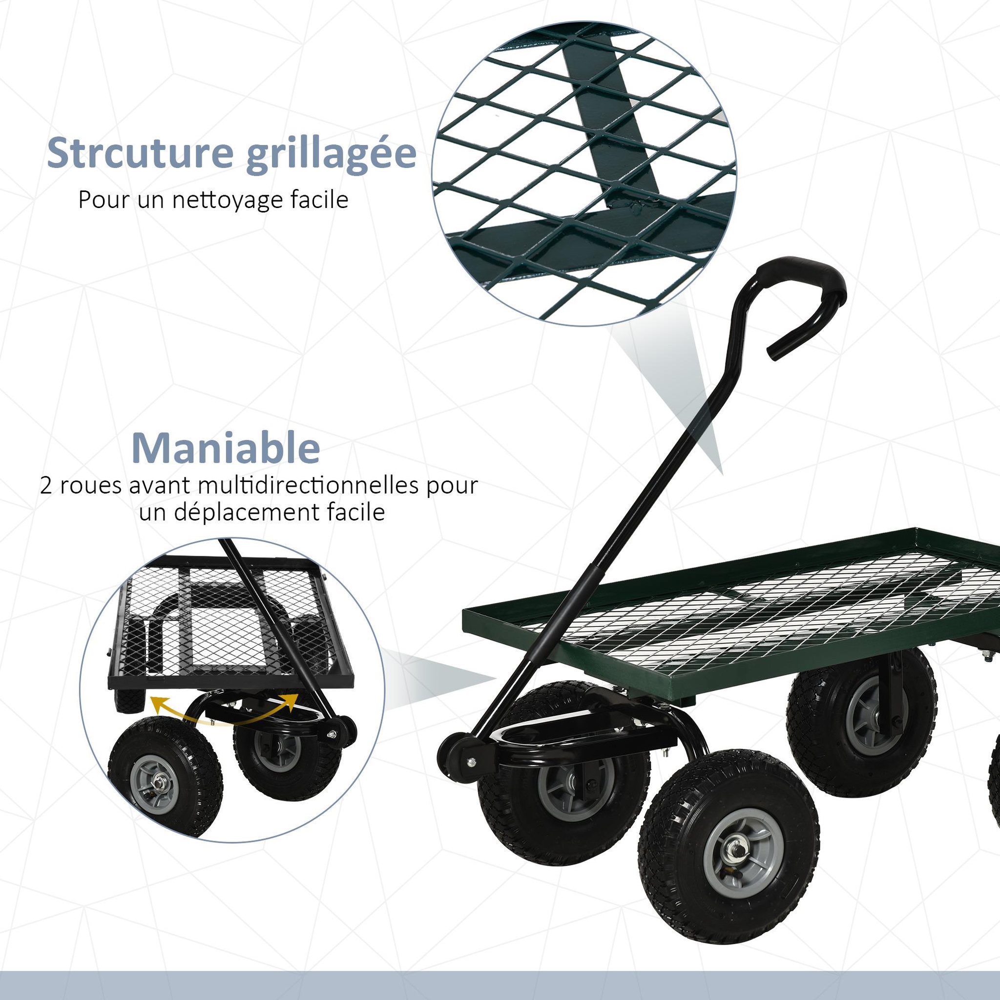 Voir la diapositive 6 : OUTSUNNY Chariot de transport jardin remorque à main charrette à bras 4 roues 94L x 48,5l x 100H cm charge max. 150 Kg métal vert
