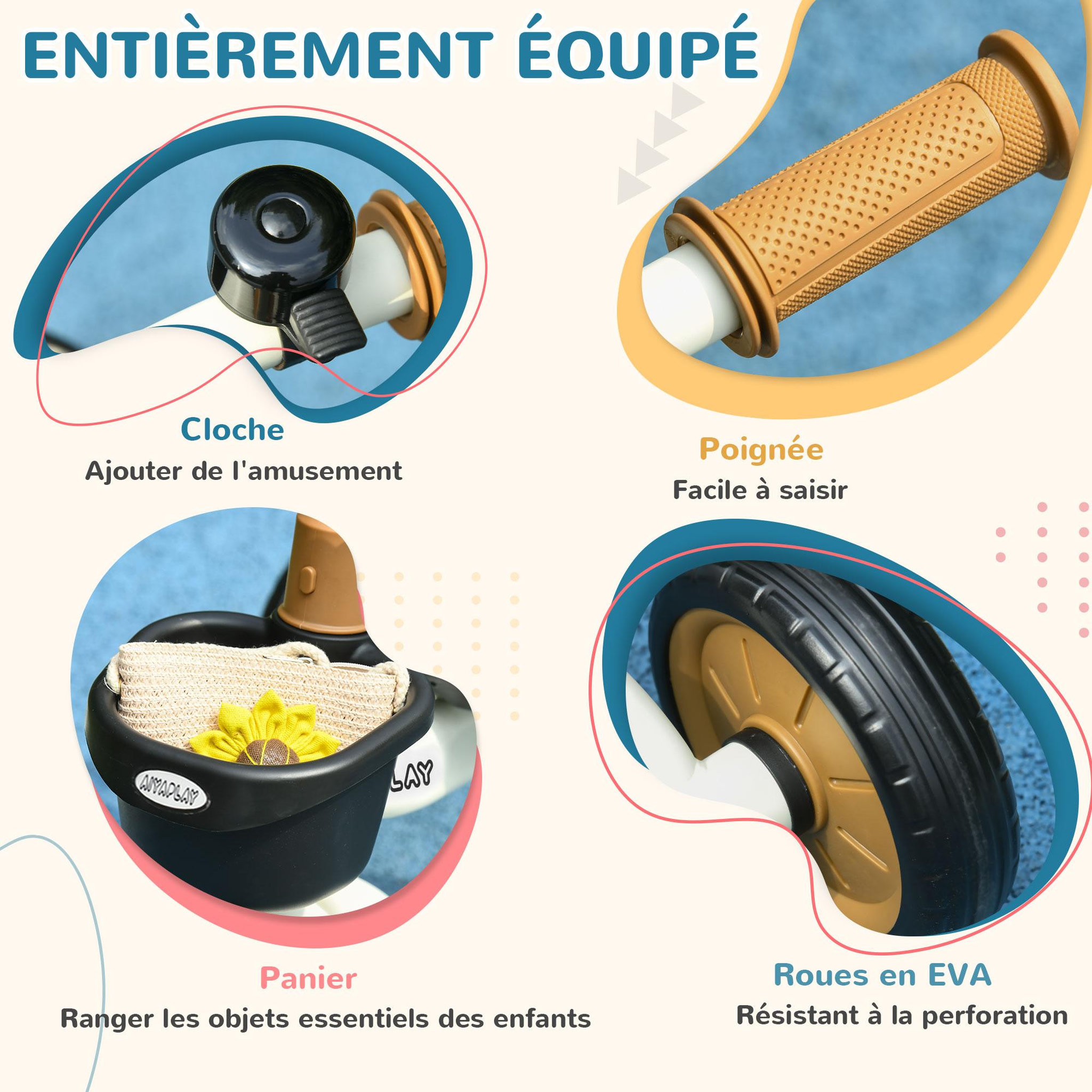 Voir la diapositive 6 : HOMCOM Tricycle enfant multi-équipé garde-boue sonnette panier pédales antidérapantes siège réglable avec dossier métal blanc