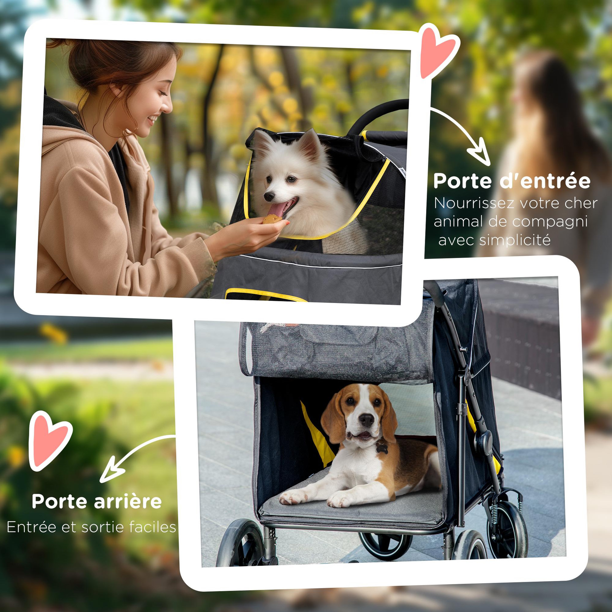 Voir la diapositive 6 : PAWHUT Poussette pour chien pliable 4 roues 2 portes rangements attache noir gris jaune