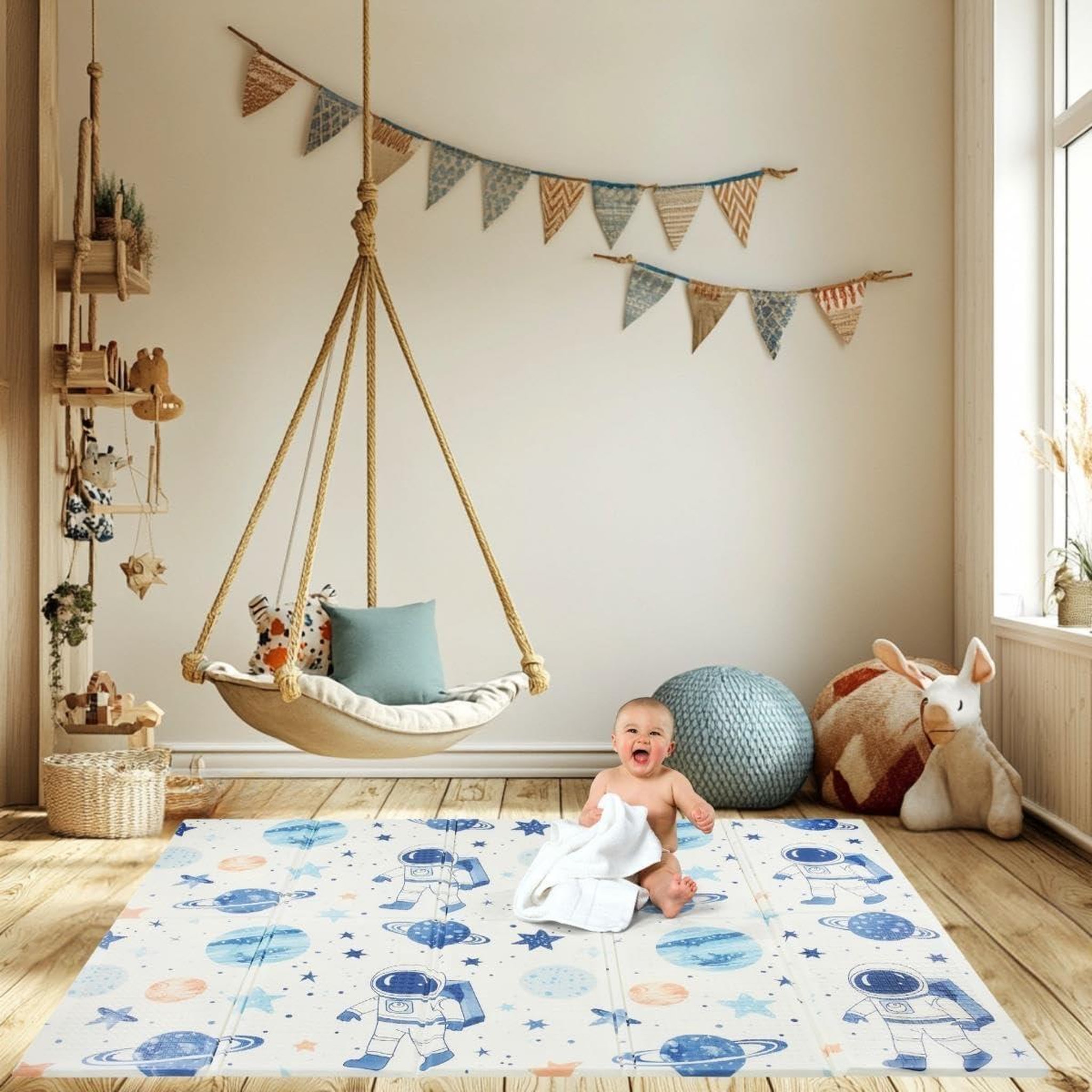Voir la diapositive 2 : MOBY SYSTEM Tapis d'Éveil Pliable Double Face en Mousse XPE 180 x 120 cm, Éléphants et Motifs Gris