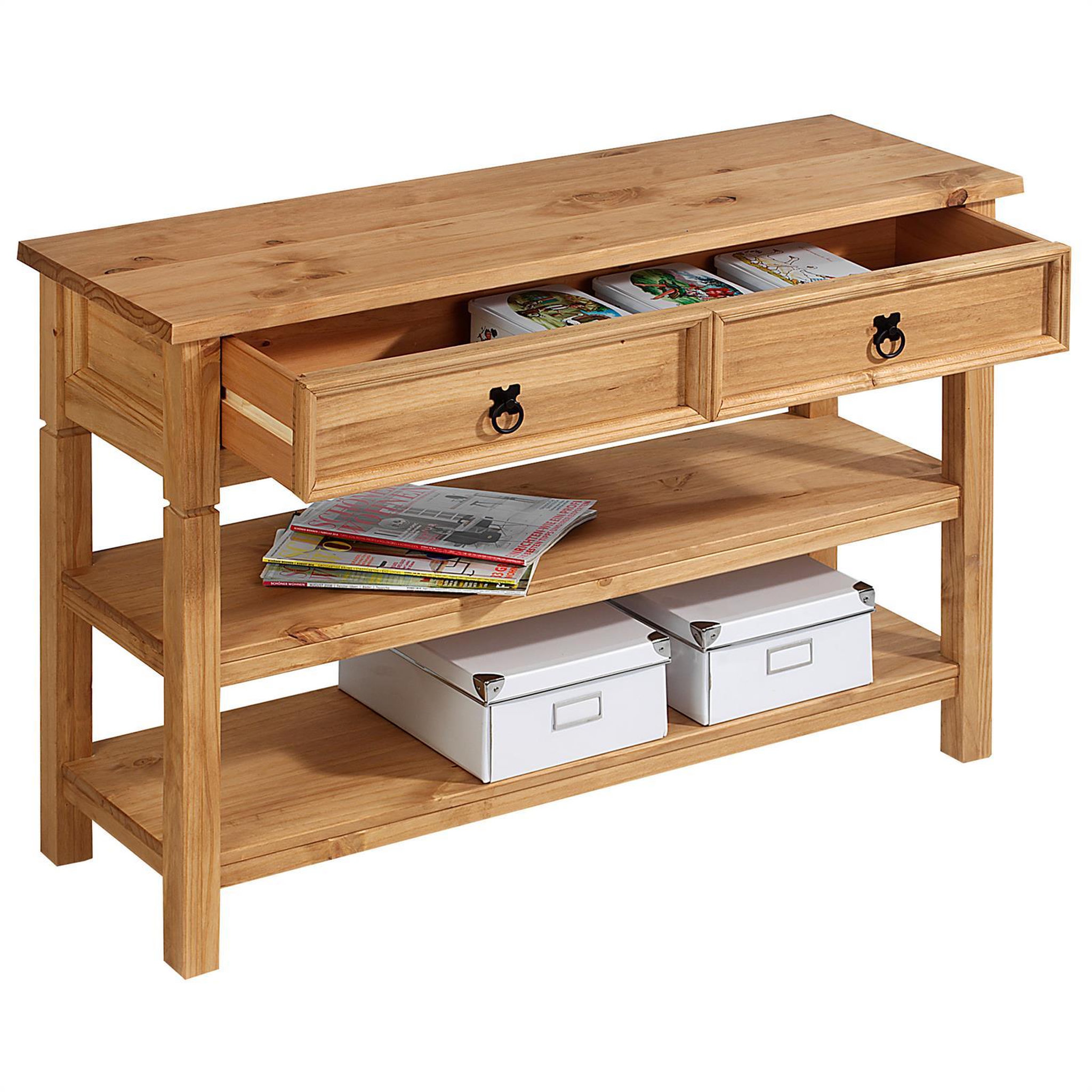 Voir la diapositive 4 : IDIMEX Table console en pin tequila style mexicain, 1 tiroir et 2 étagères