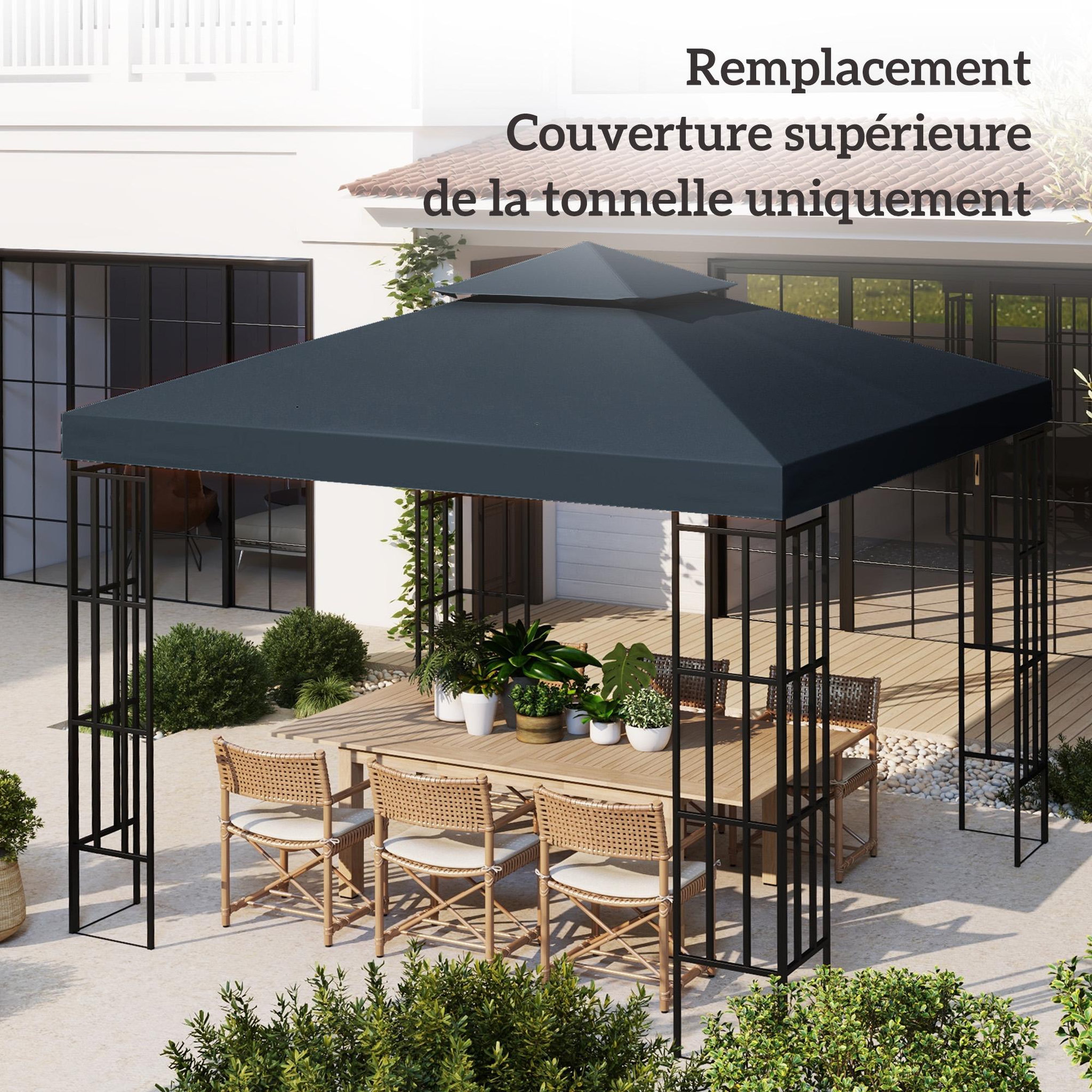 Voir la diapositive 2 : OUTSUNNY Toile de rechange pour pavillon tonnelle tente 3 x 3 m polyester haute densité 180 g/m² gris foncé