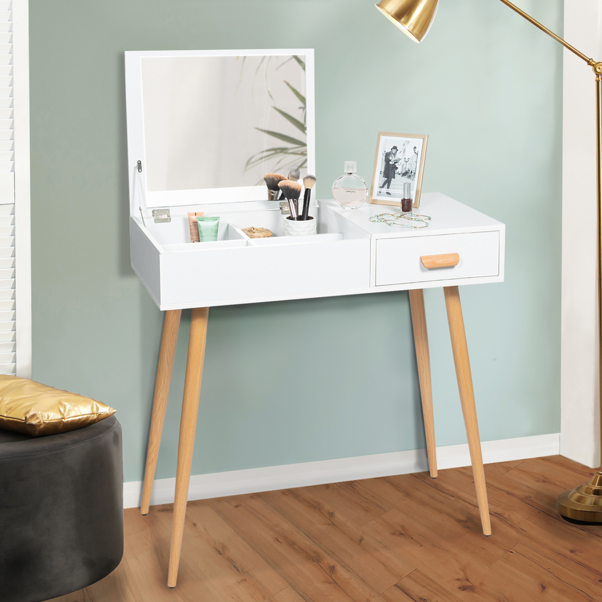 Voir la diapositive 2 : ID MARKET Coiffeuse scandinave lisa miroir rabattable blanche