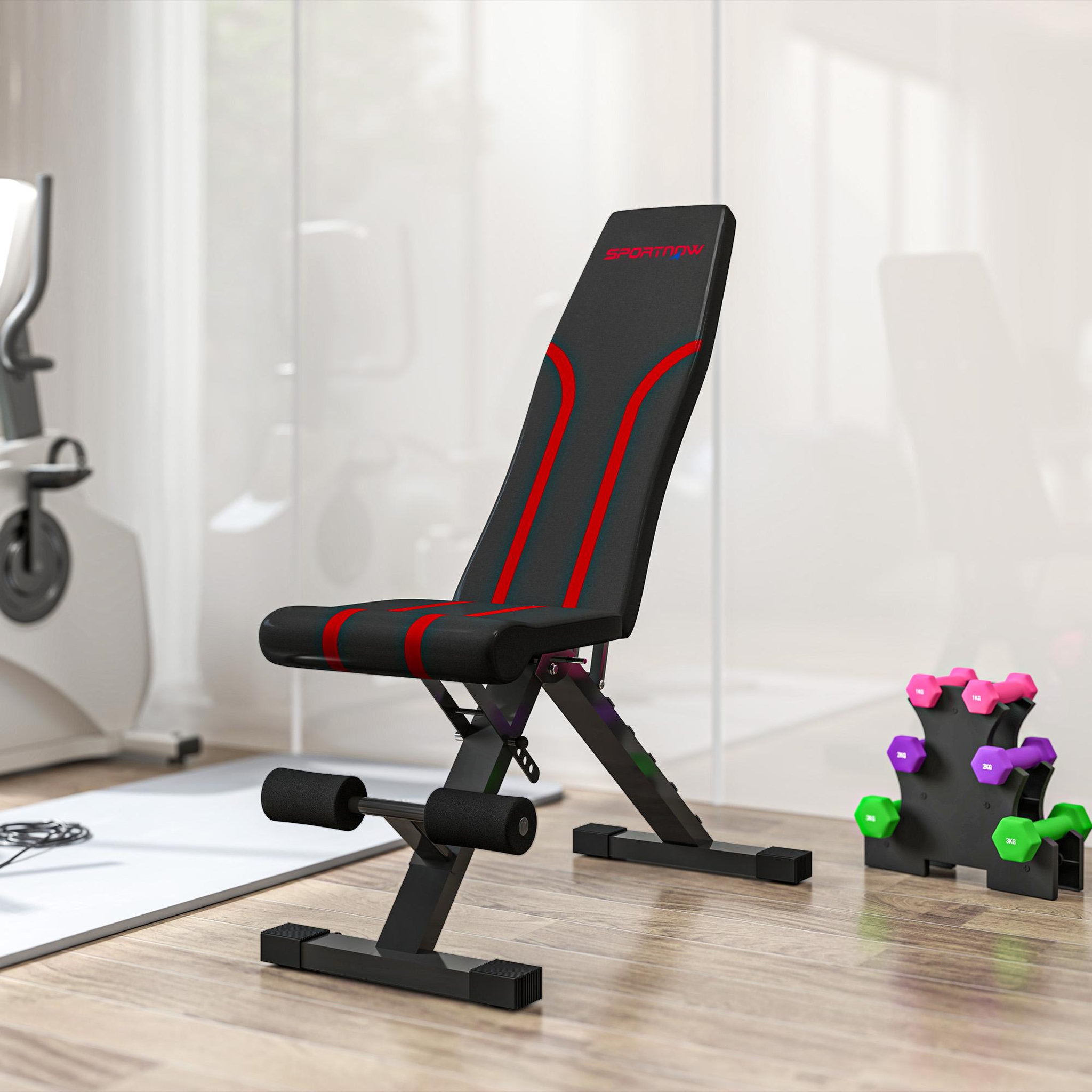Voir la diapositive 2 : HOMCOM Banc de musculation pliable inclinable charge max. 230 kg rouge noir