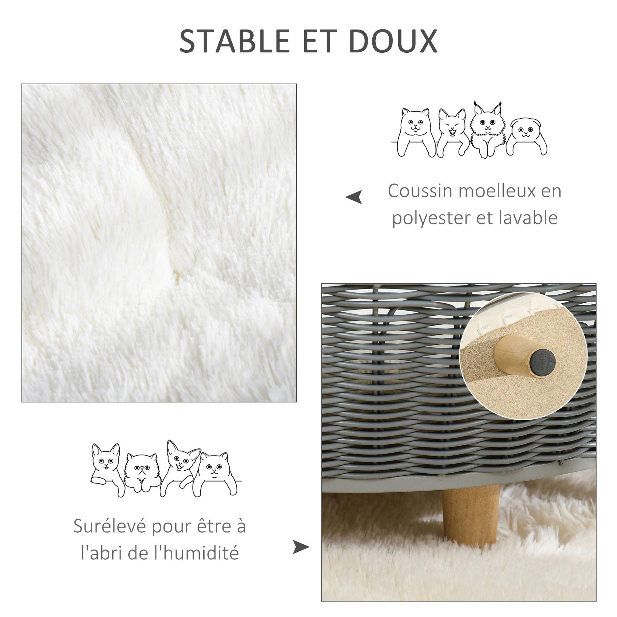 Voir la diapositive 6 : PAWHUT Canapé chien lit pour chien panier chat design scandinave avec coussin aspect fourrure dim. Ø 60 x 23,5H cm pieds bois pin résine tressée gris
