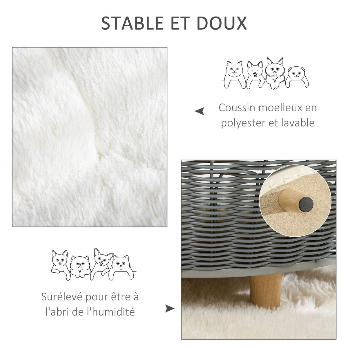 PAWHUT Canapé chien lit pour chien panier chat design scandinave avec coussin aspect fourrure dim. Ø 60 x 23,5H cm pieds bois pin résine tressée gris