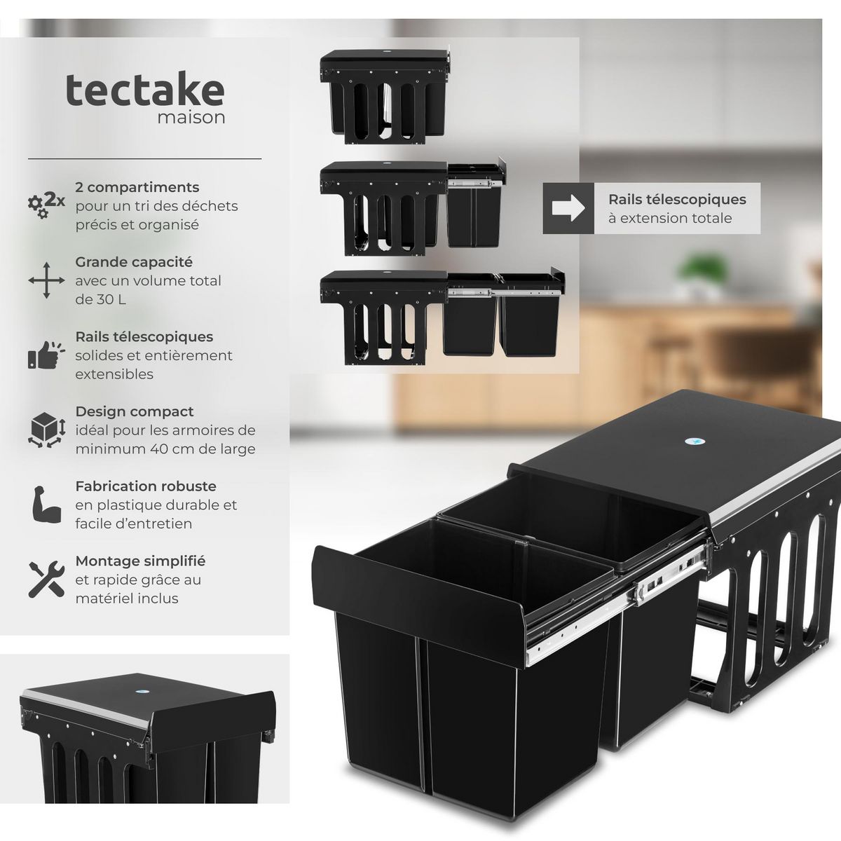 tectake Poubelle de tri 2 compartiments de 15 L chacun noir