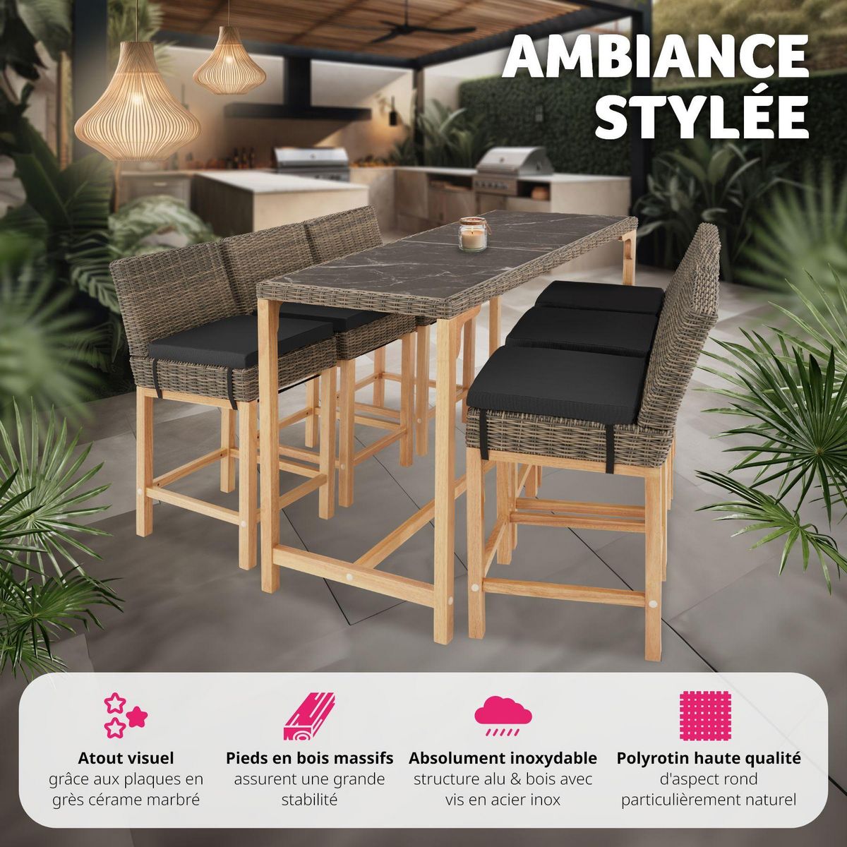 tectake Table de bar en rotin avec cadre en aluminium et bois marron naturel