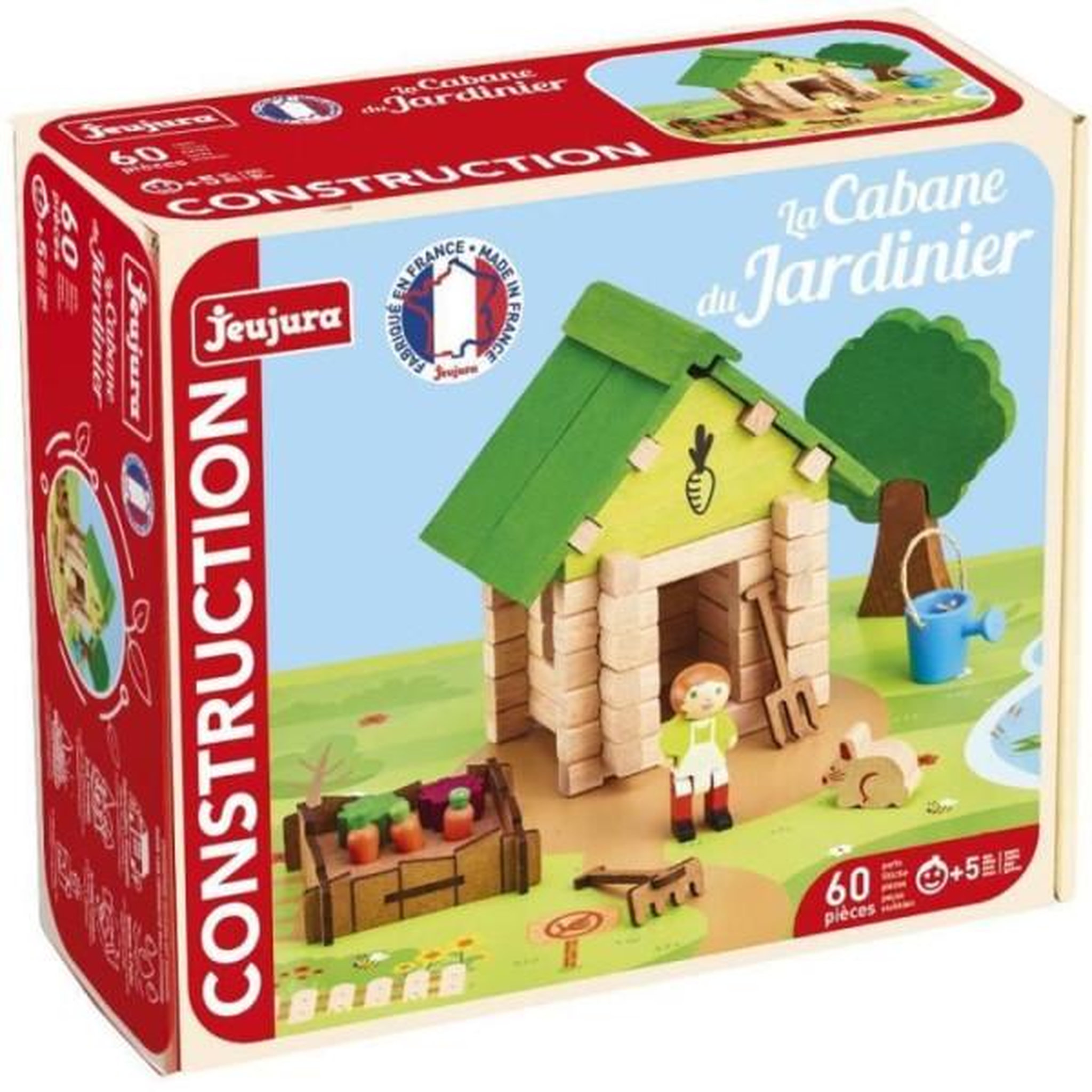Voir la diapositive 2 : JeuJura La Cabane du Jardinier 60 Pieces - JEUJURA - Jeu de Construction en Bois Naturel, Tapis et Accessoires Inclus, 22x18,5x8,5 cm