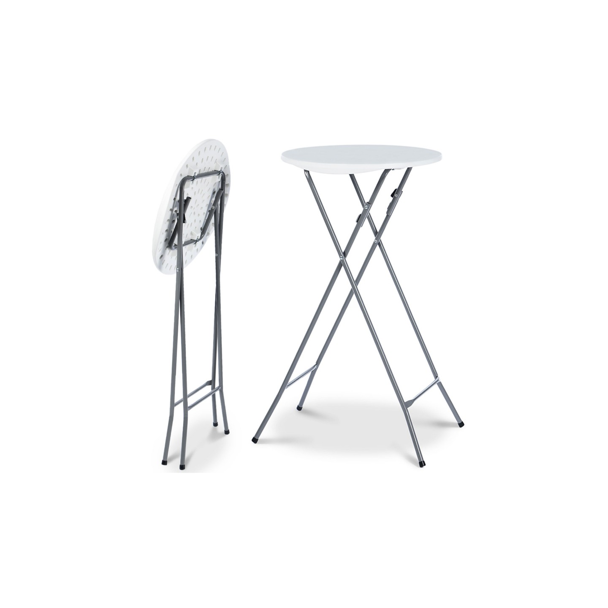 Voir la diapositive 3 : ID MARKET Lot de 4 tables hautes pliantes 105 cm et 4 housses blanches