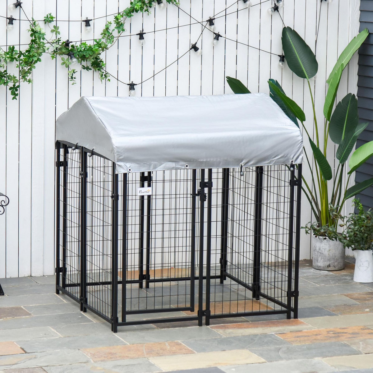 PAWHUT Chenil cage enclos chien entièrement couvert - porte verrouillable - 120 x 120 x 138cm - gris métal noir