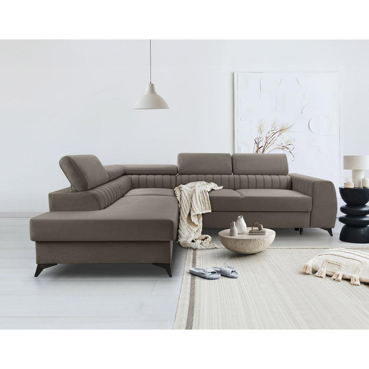 BEST MOBILIER Aneta - canapé d'angle gauche 5 places - convertible avec coffre et têtières - en velours