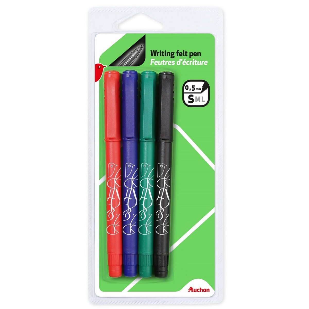 AUCHAN  Lot de 4 stylos feutres coloris assortis