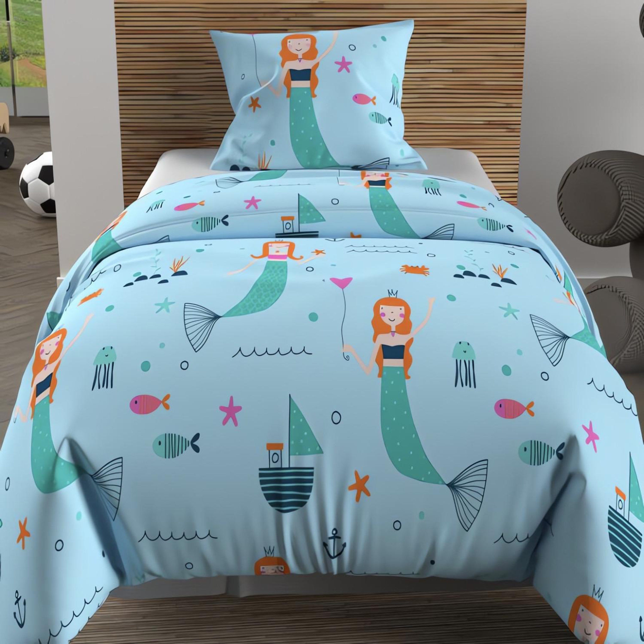 Voir la diapositive 3 : SOLEIL D'OCRE Ensemble couette et parure 5 Pièces SIRENE bleu pour lit en 90x190 cm, par Soleil d'ocre