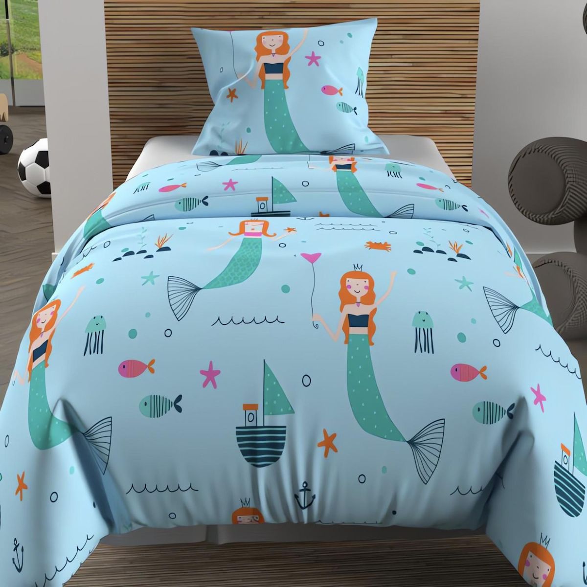 SOLEIL D'OCRE Ensemble couette et parure 5 Pièces SIRENE bleu pour lit en 90x190 cm, par Soleil d'ocre