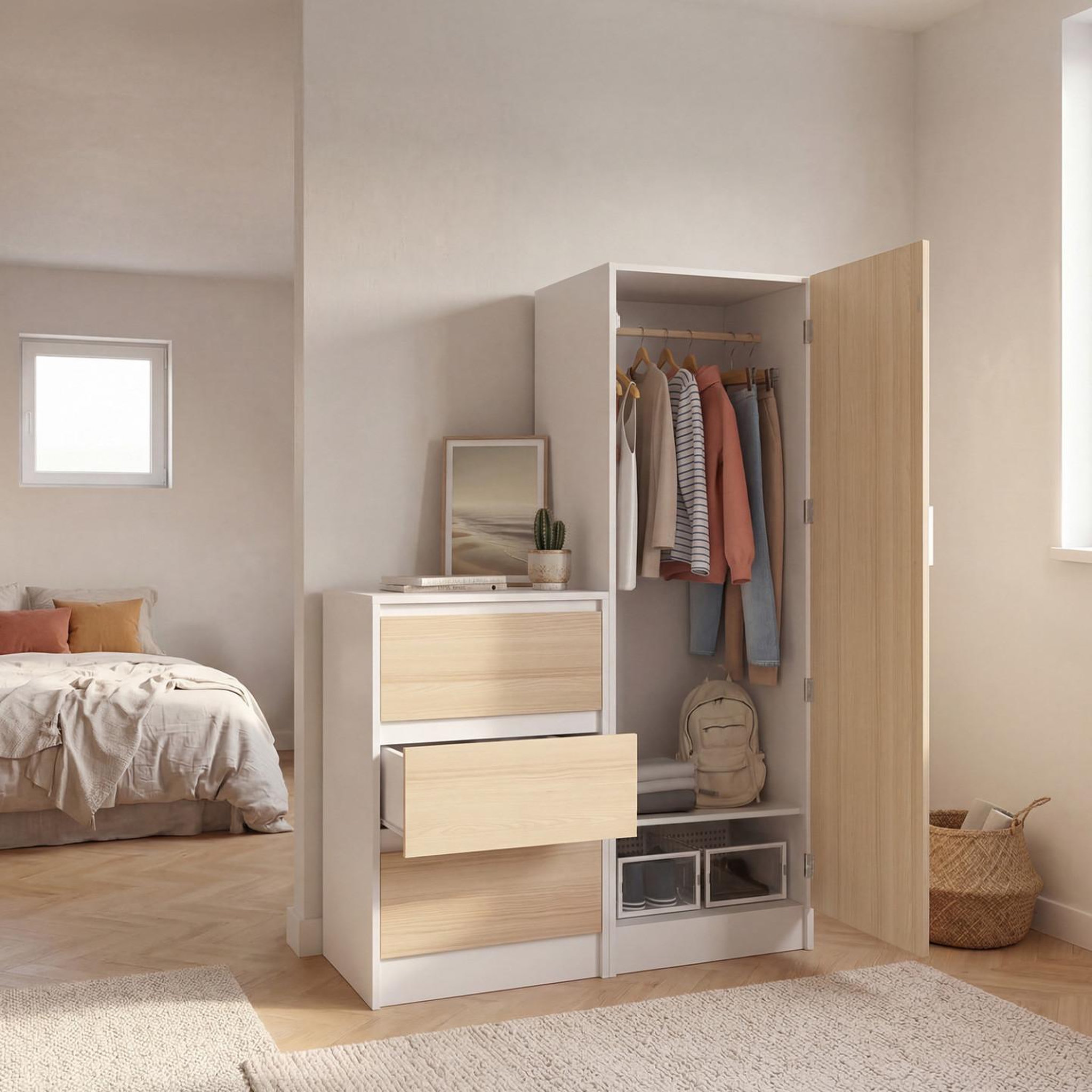 Voir la diapositive 3 : ID MARKET Armoire 1 porte ambre penderie avec commode 3 tiroirs 100 cm modulable façon hêtre et blanc