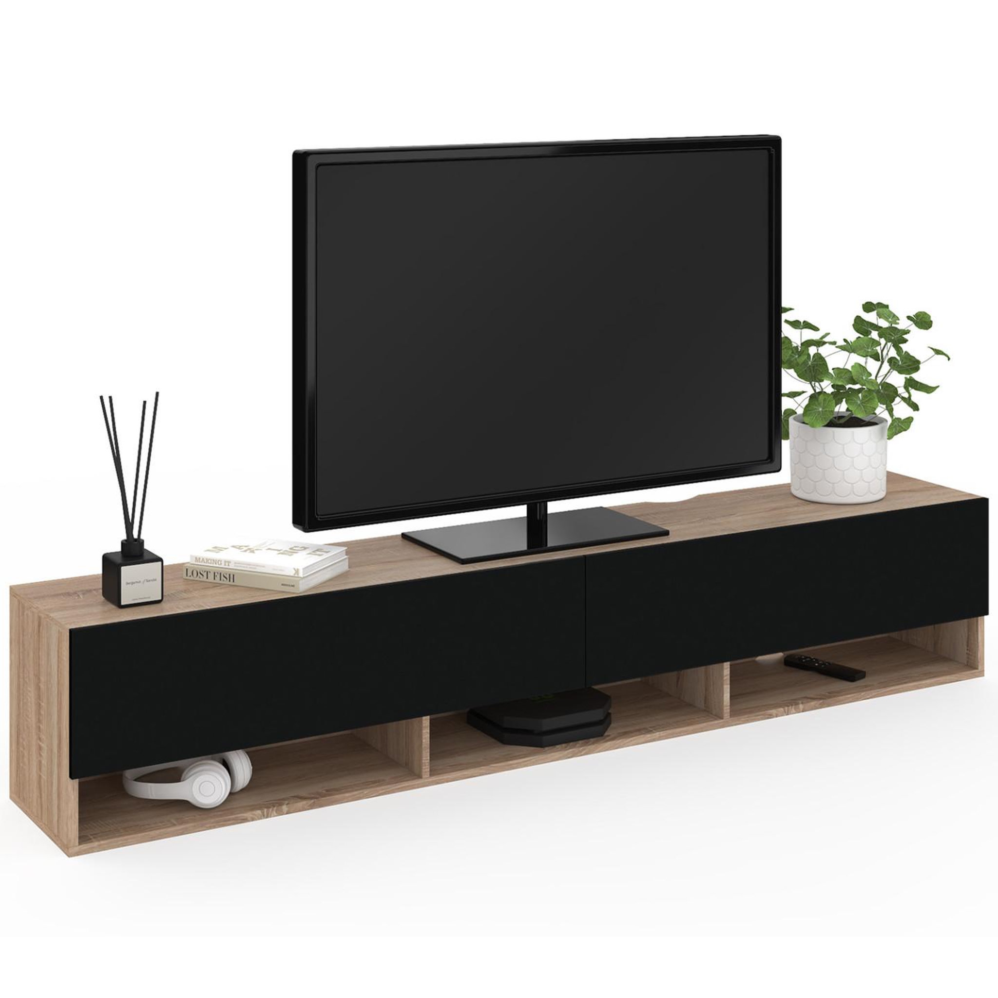 ID MARKET Meuble tv 180 cm suspendu elio 2 portes avec étagère bois et noir