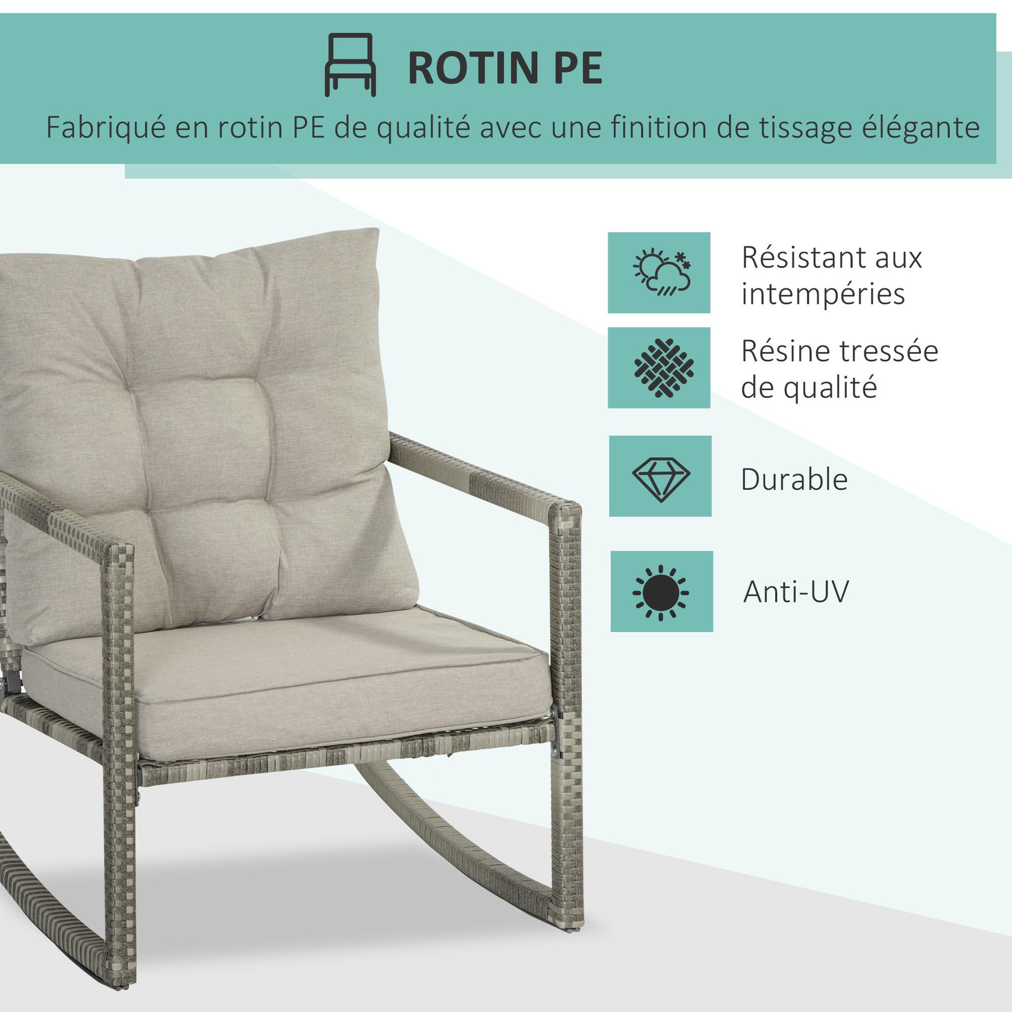 Voir la diapositive 4 : OUTSUNNY Ensemble de jardin 3 pièces 2 fauteuils à bascule table basse coussins inclus métal époxy résine tressée PE polyester gris