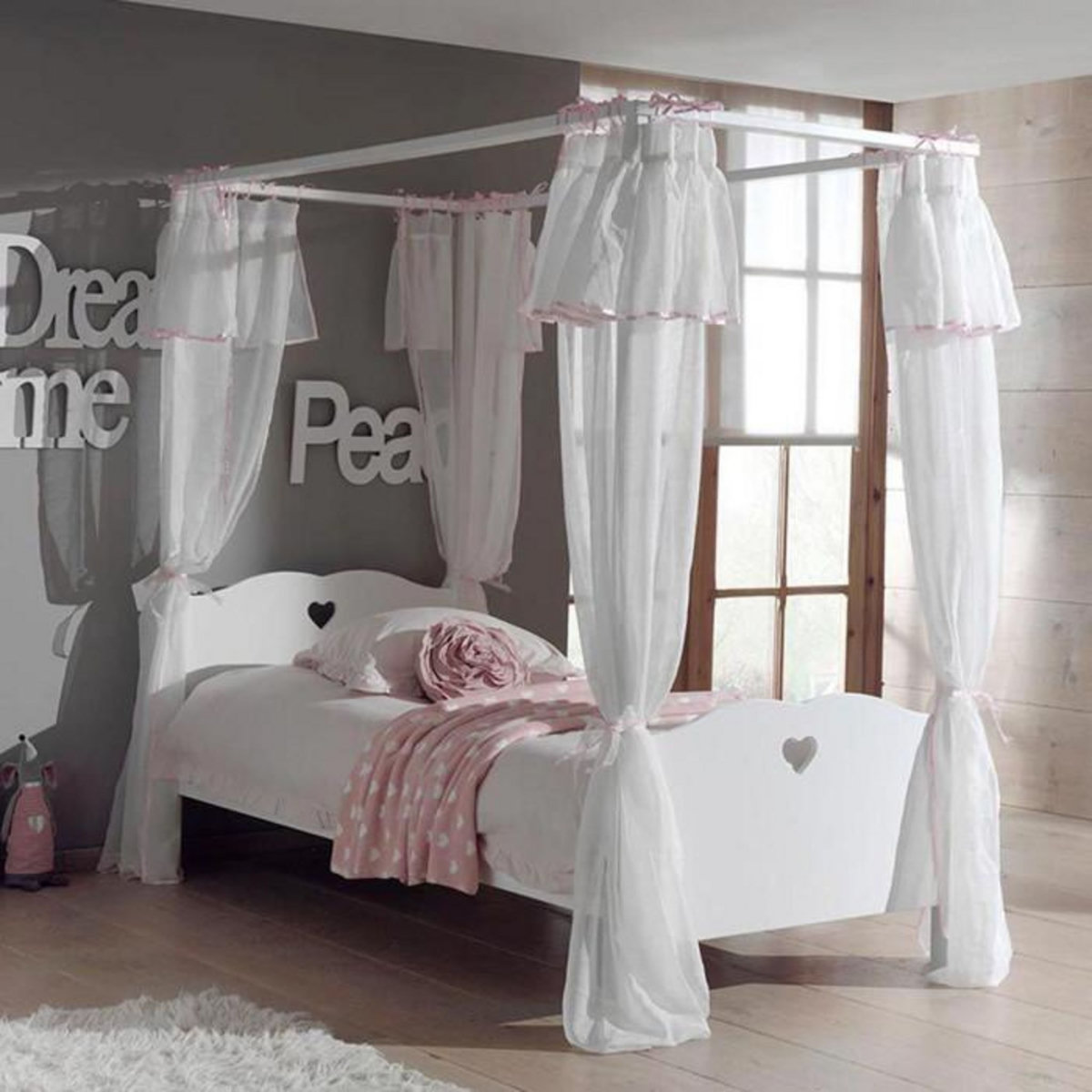 Paris Prix Pack - Lit à Baldaquin Enfant, Sommier & Voile  Amori  90x200cm Blanc