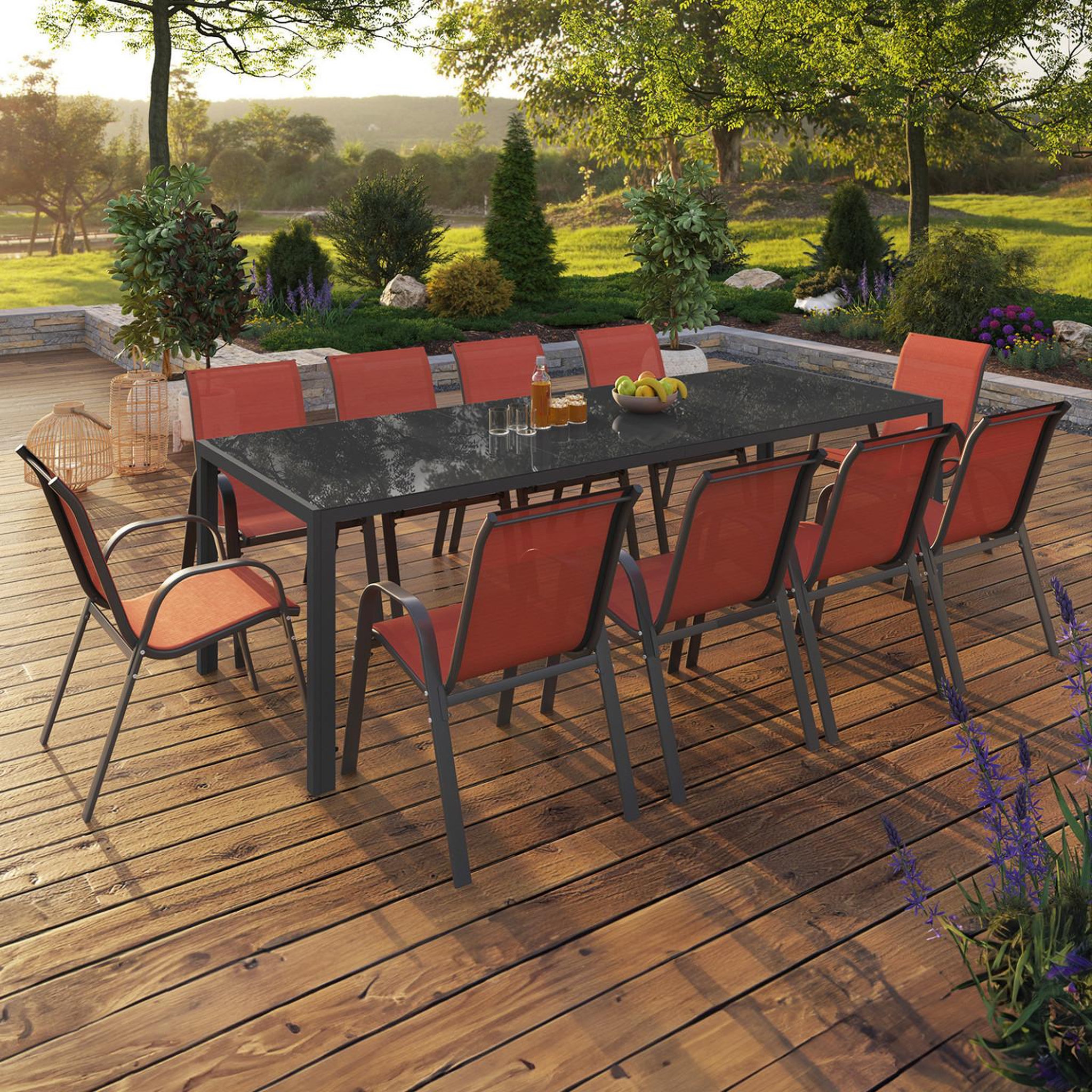 Voir la diapositive 2 : ID MARKET Salon de jardin madrid table 240 cm et 10 chaises empilables terracotta et gris