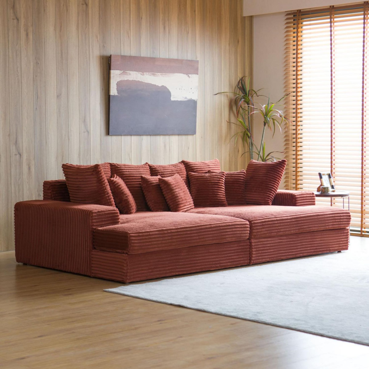 CONCEPT USINE Canapé 4 places assise profonde en velours côtelé terracotta CARDIFF