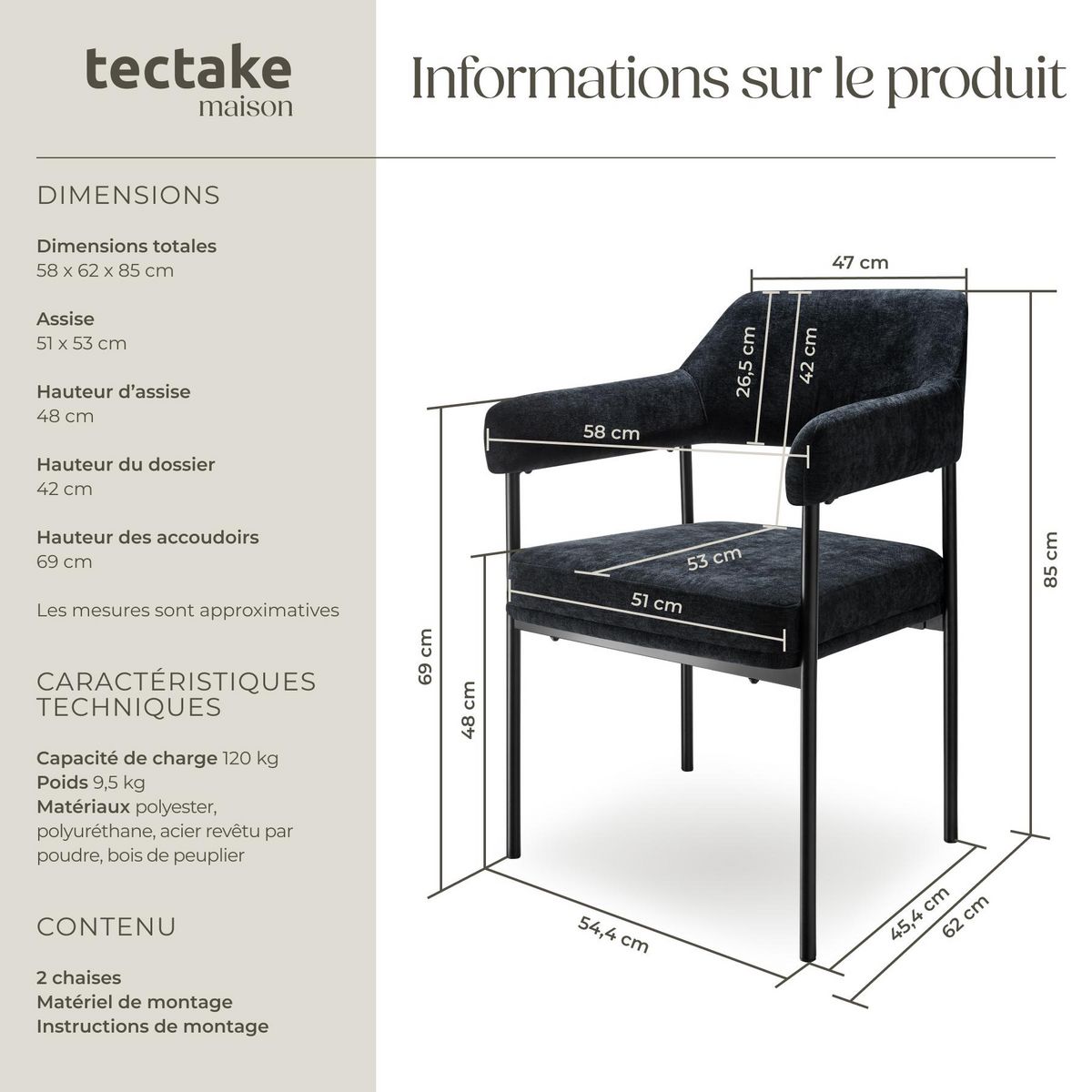 tectake Fauteuil rembourré Tissu noir/noir Lot de 2
