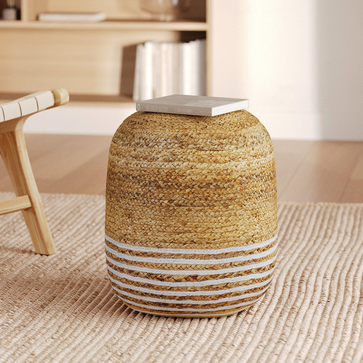 MAISON PAVANE Pouf rond en jute, fines rayures blanches D40 cm-Billy