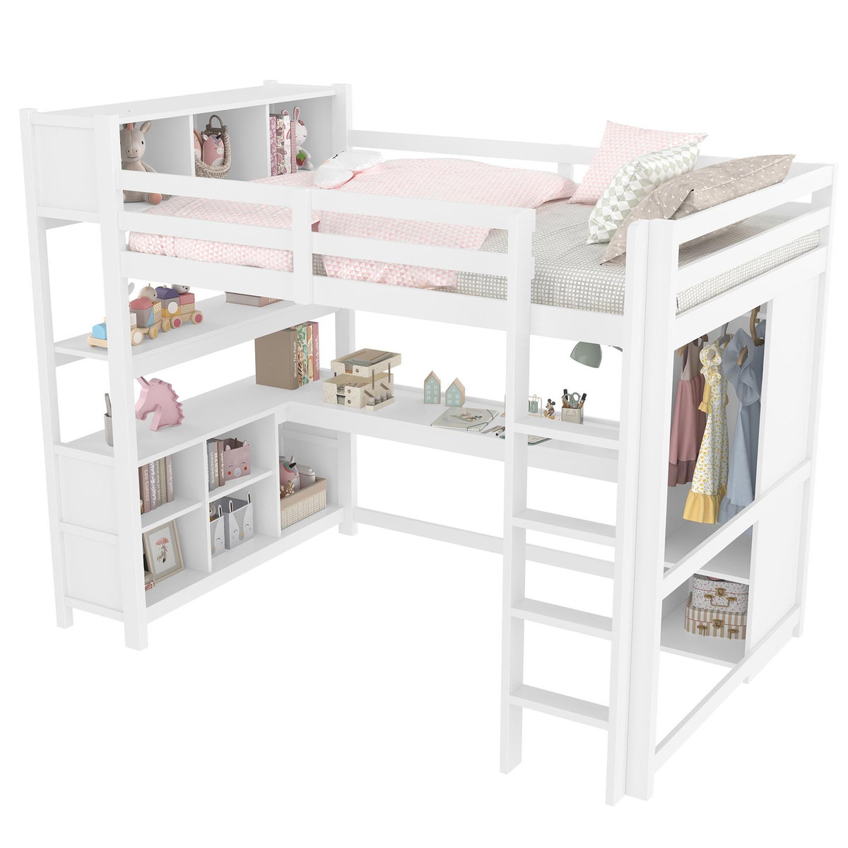 MERAX Lit combiné enfant 140x200 cm coloris blanc pin