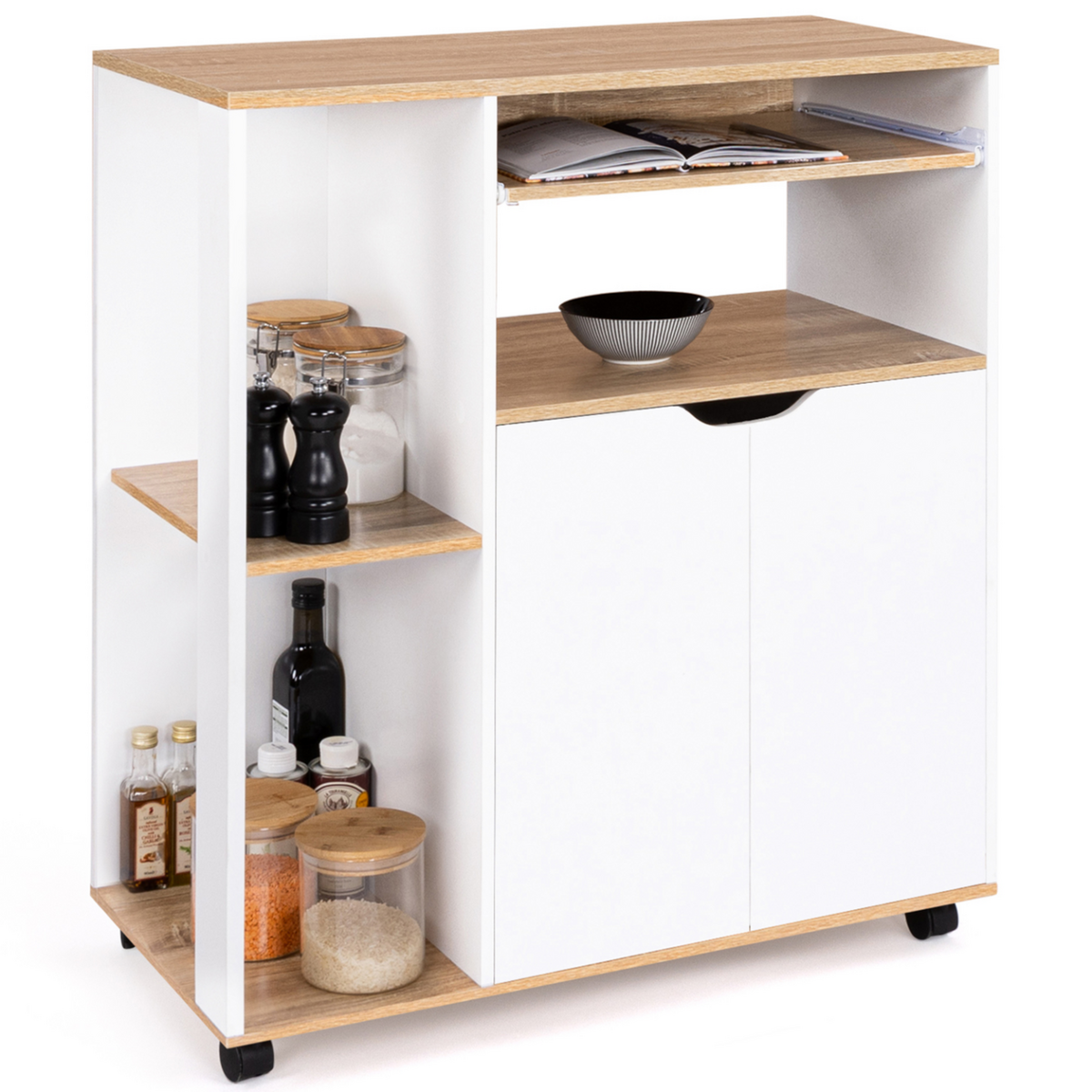 ID MARKET Desserte de cuisine COSI bois blanc et plateaux façon hêtre L.76 CM