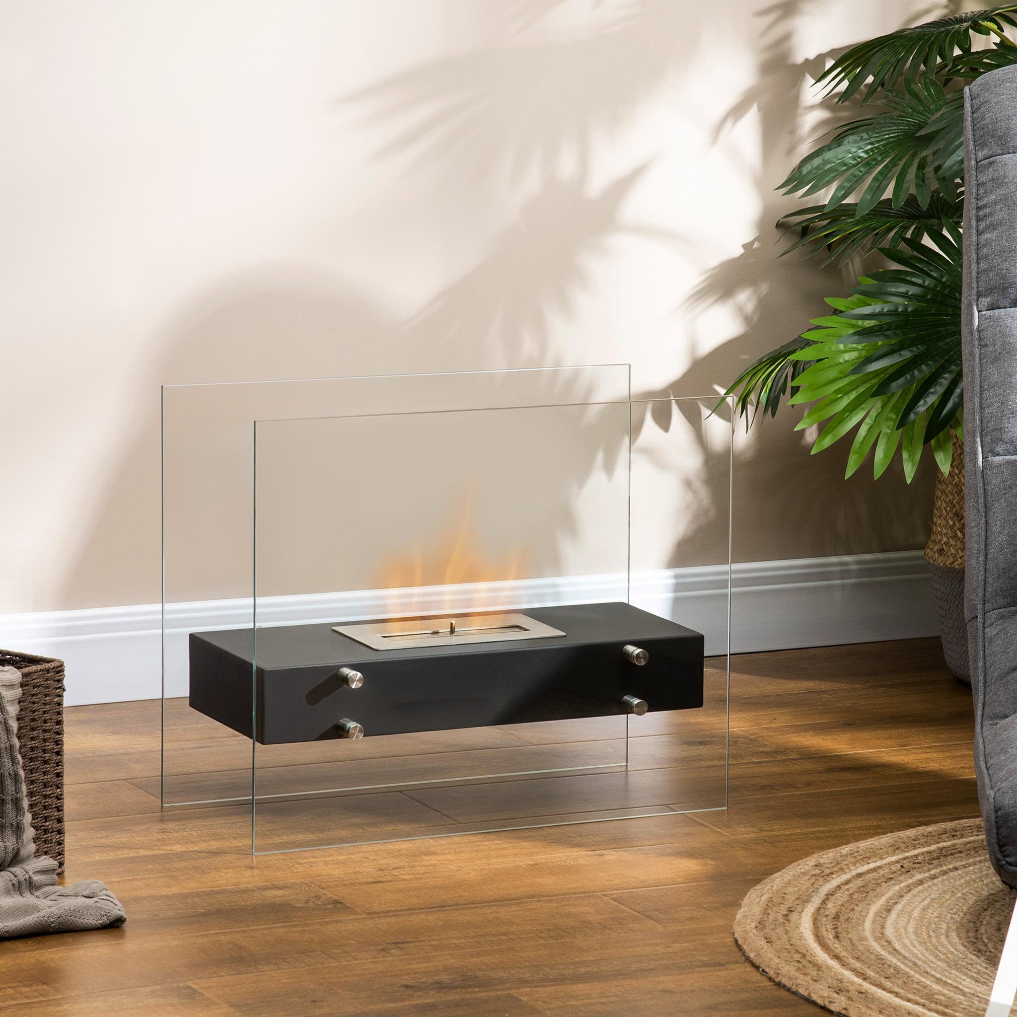 Voir la diapositive 2 : HOMCOM Cheminée à poser bioéthanol en métal et verre trempé avec réservoir 1,5 l couverture 25 m²  - dim. 60l x 26l x 50h cm