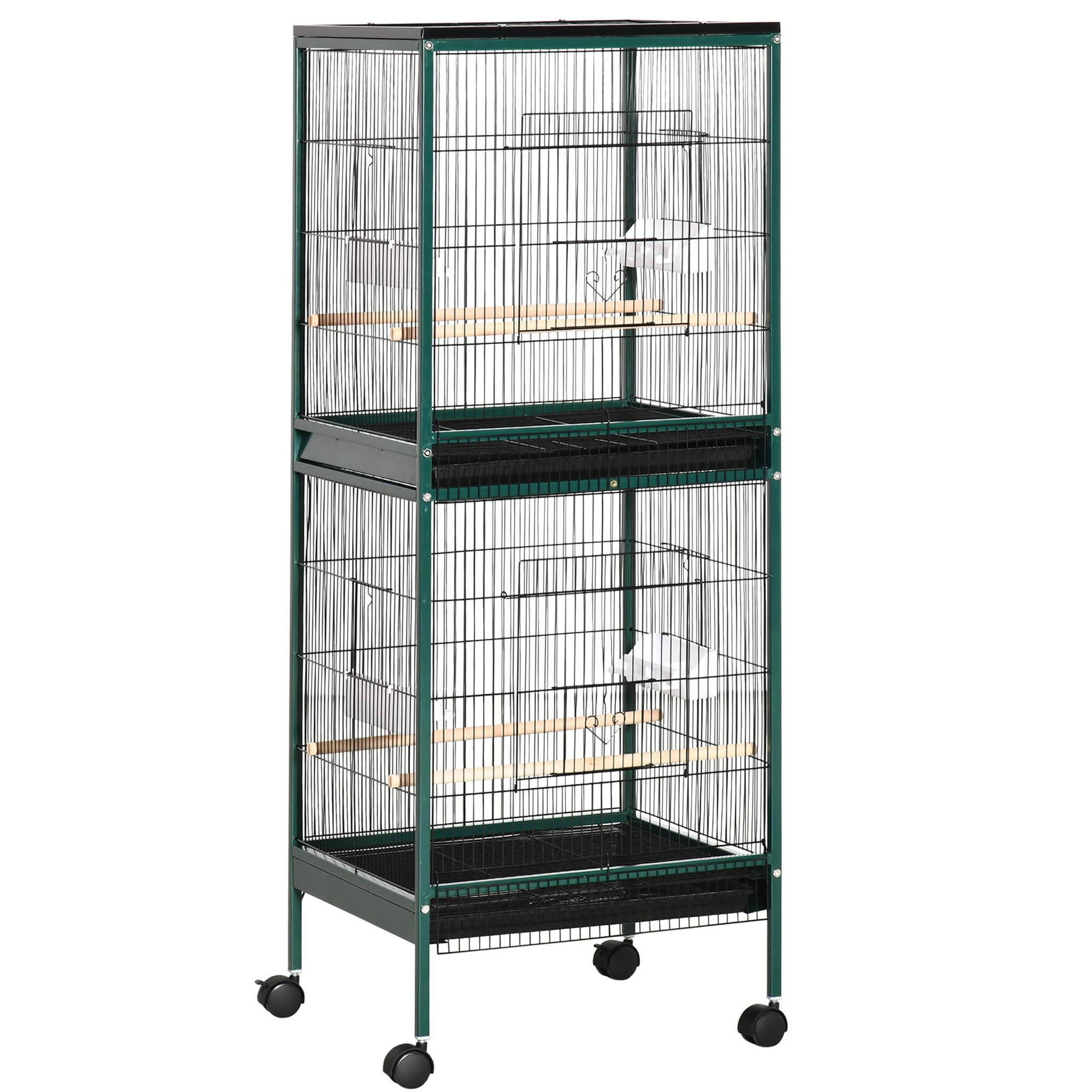 PAWHUT Grande cage à oiseaux sur pied à roulettes - volière double, mangeoires, perchoirs, plateau amovible - vert noir