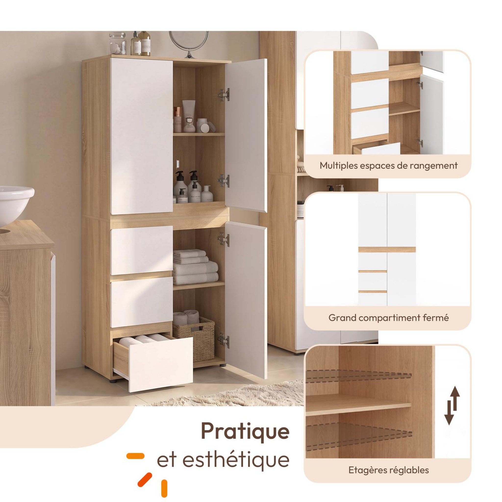 Voir la diapositive 3 : ID MARKET Meuble armoire colonne salle de bain TOMI 3 portes et 3 tiroirs façon hêtre et blanc