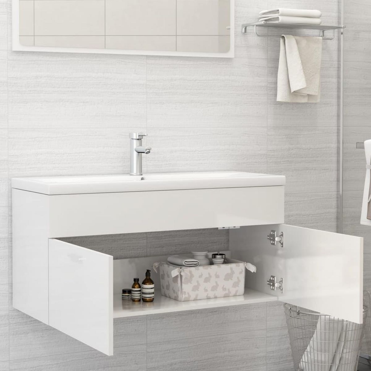 VIDAXL Armoire d'evier avec lavabo integre Blanc brillant Agglomere