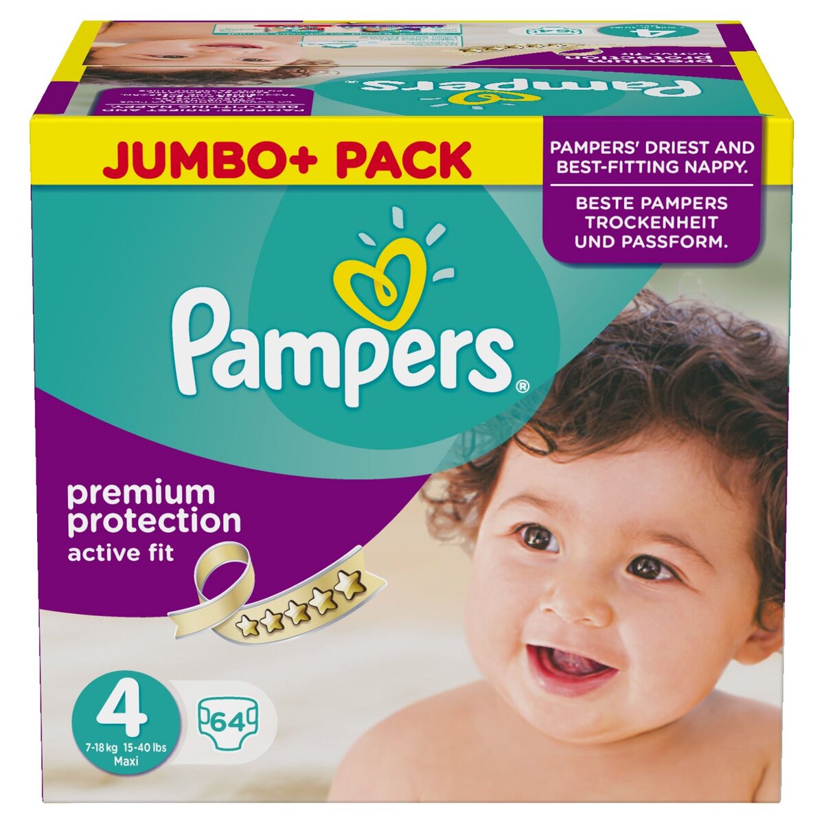 PAMPERS ACTIVE FIT Jumbo Couches Standard T4 (7-18 kg) Pack de 64 couches