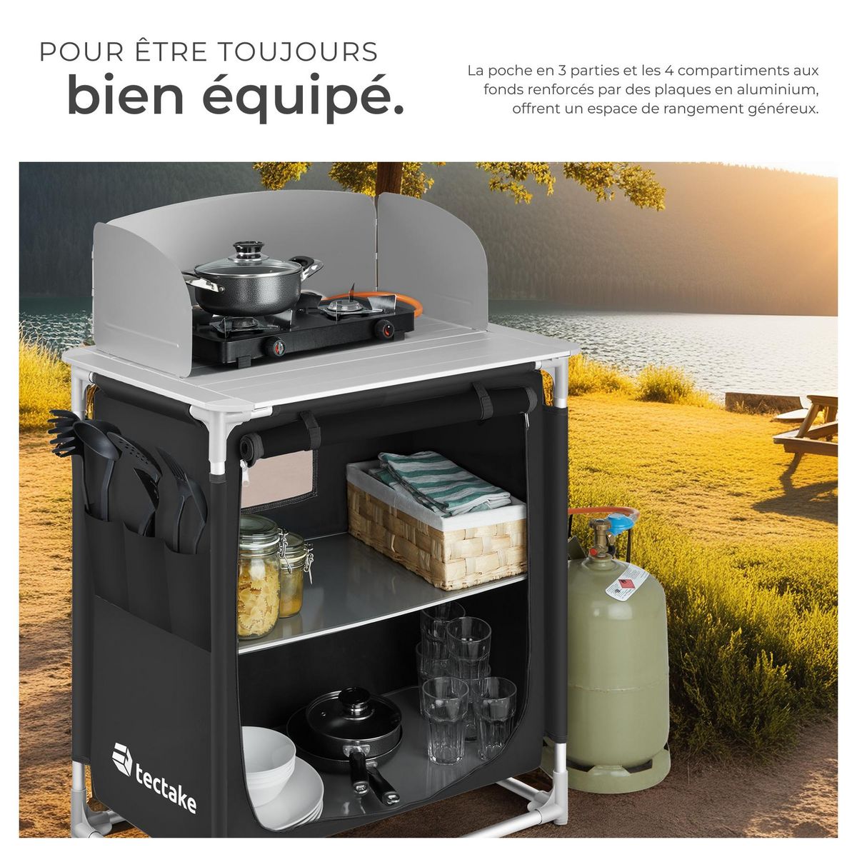 tectake Cuisine de camping premium avec 2 compartiments pliable noir
