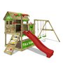 FATMOOSE Aire de jeux Portique bois TikaTaka avec balançoire et toboggan rouge Cabane enfant extérieure avec bac à sable