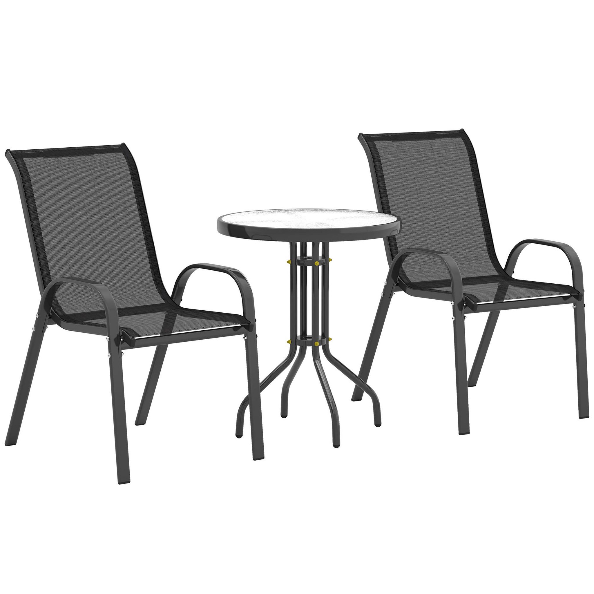 OUTSUNNY Ensemble bistro de jardin 3 pièces - 2 chaises, table ronde plateau verre - acier textilène noir