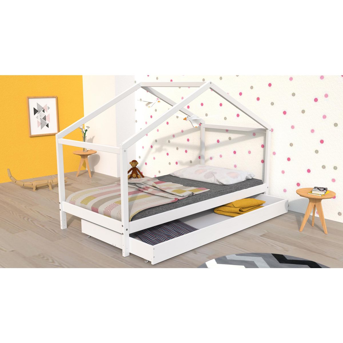 Ensemble Lit cabane en bois massif avec tiroir 90 x 190 cm JULES + matelas mousse 90X190 cm DIONE