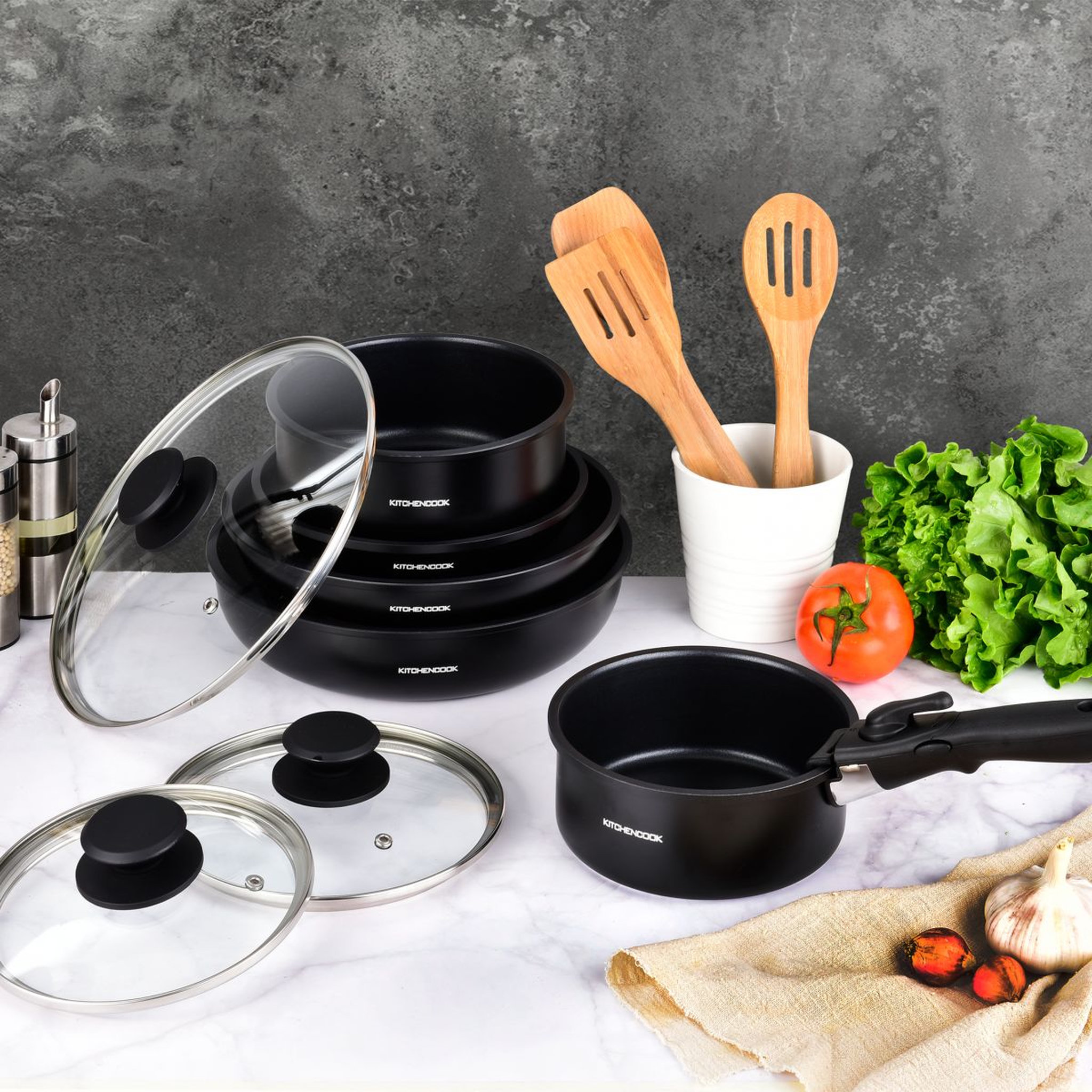Voir la diapositive 1 : KITCHEN COOK Batterie de cuisine amovible 9 pièces en aluminium noir