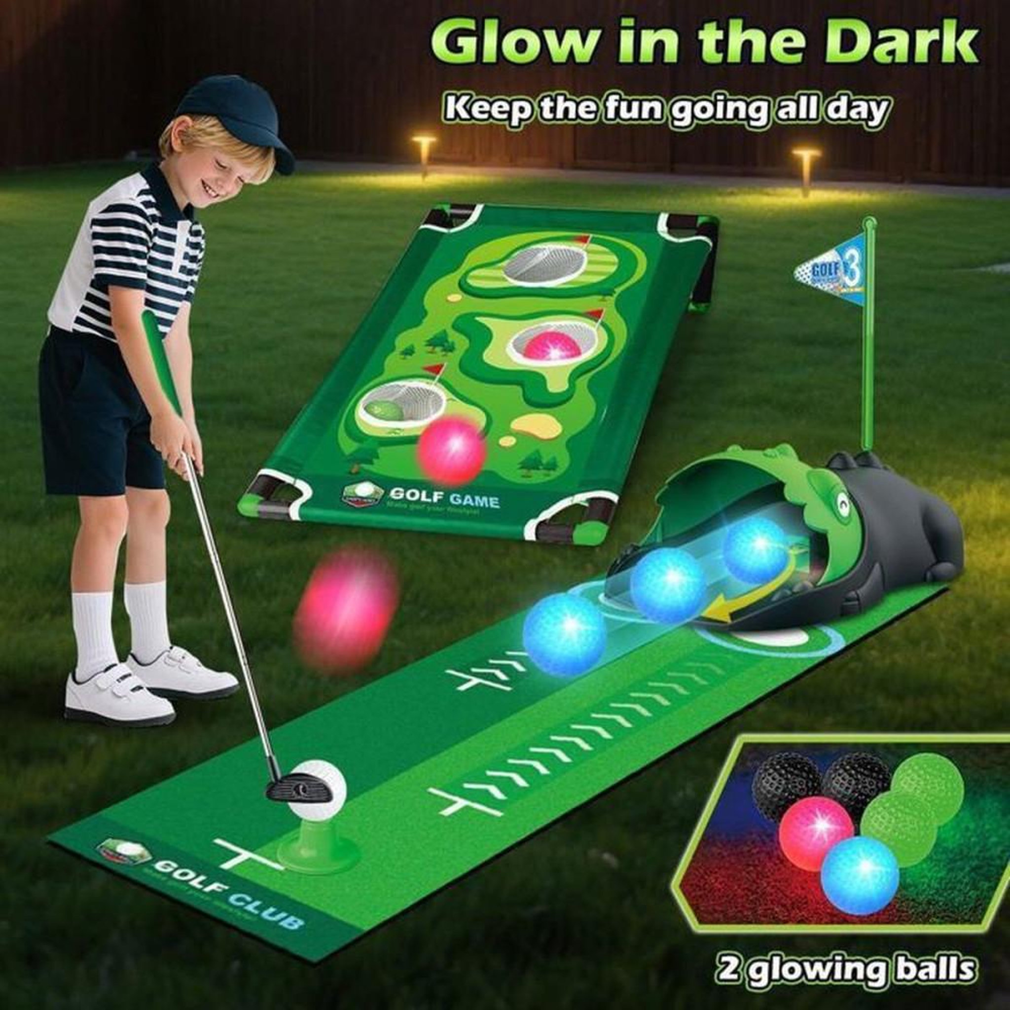 Voir la diapositive 3 : Set mini-golf d'intérieur 3-en-1 LED enfant avec retour automatique dinosaure et plateau Cornhole, tapis de putting, 2 à 7 ans