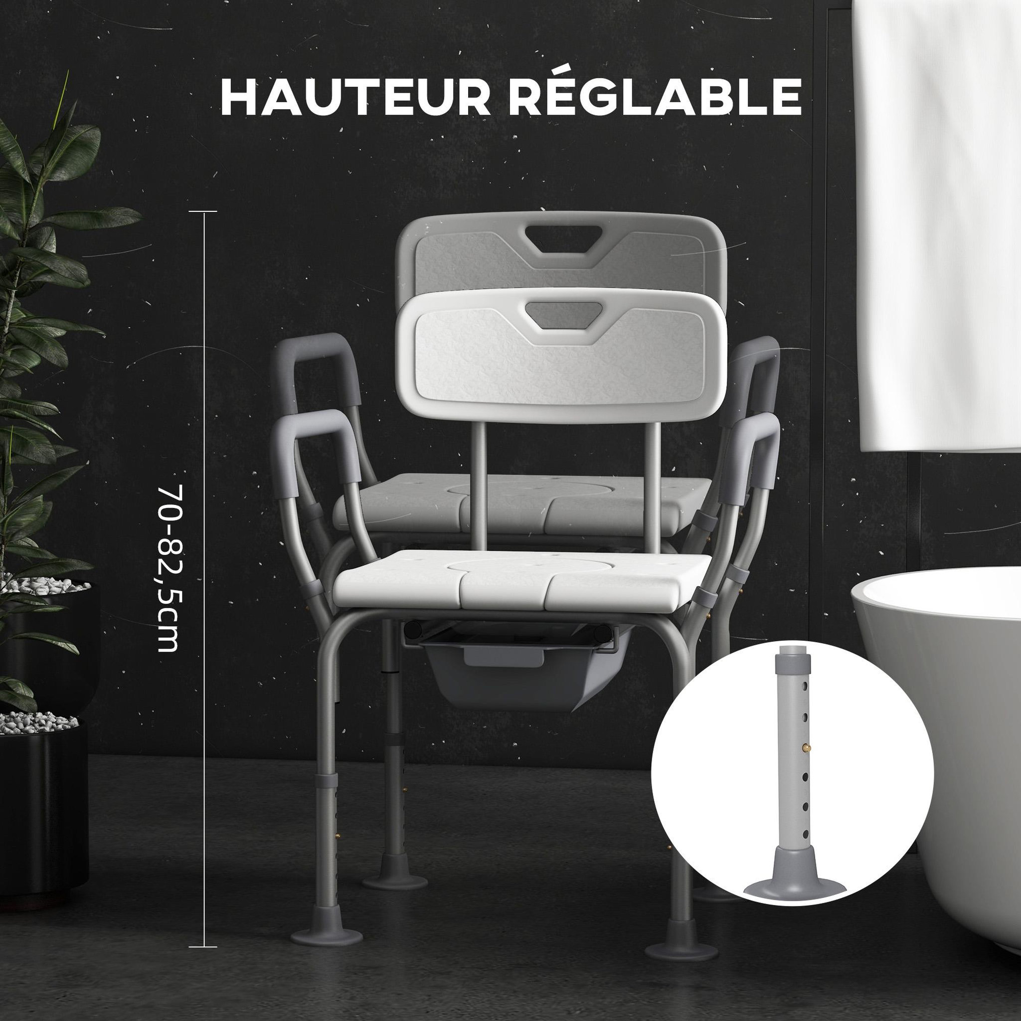 Voir la diapositive 6 : HOMCOM Chaise de douche chaise percée 2 en 1 - hauteur réglable, antidépante - seau de toilette, accoudoirs - alu hdpe blanc