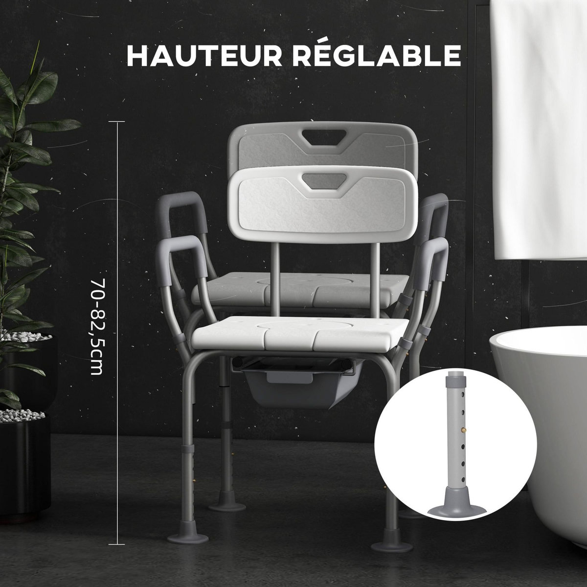 HOMCOM Chaise de douche chaise percée 2 en 1 - hauteur réglable, antidépante - seau de toilette, accoudoirs - alu HDPE blanc